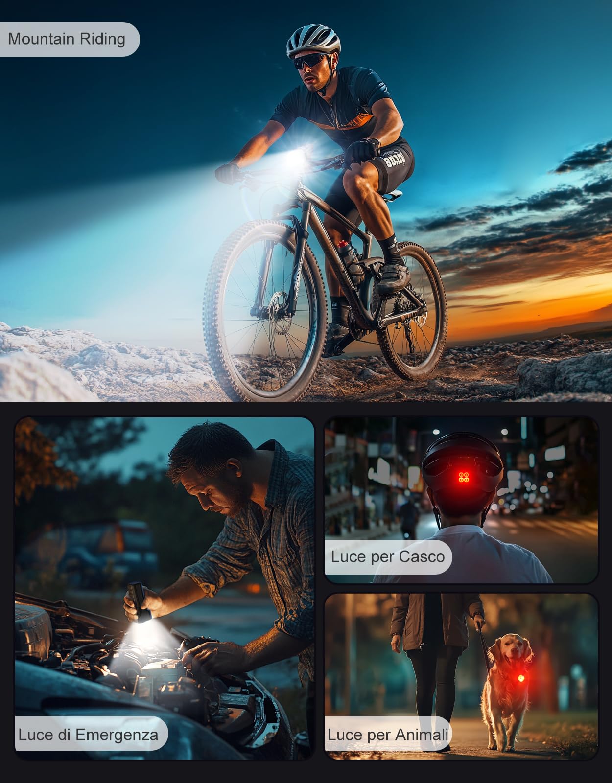 Mohard 2000LM Luci Bicicletta LED 3000mAh, USB Ricaricabile Potenti Luce Bici Posteriore e Anteriore Schermo LED, IP65 Impermeabili Illuminazione Luci Casco Ciclismo 4+7 Modalità Corsa/MTB/Campeggio
