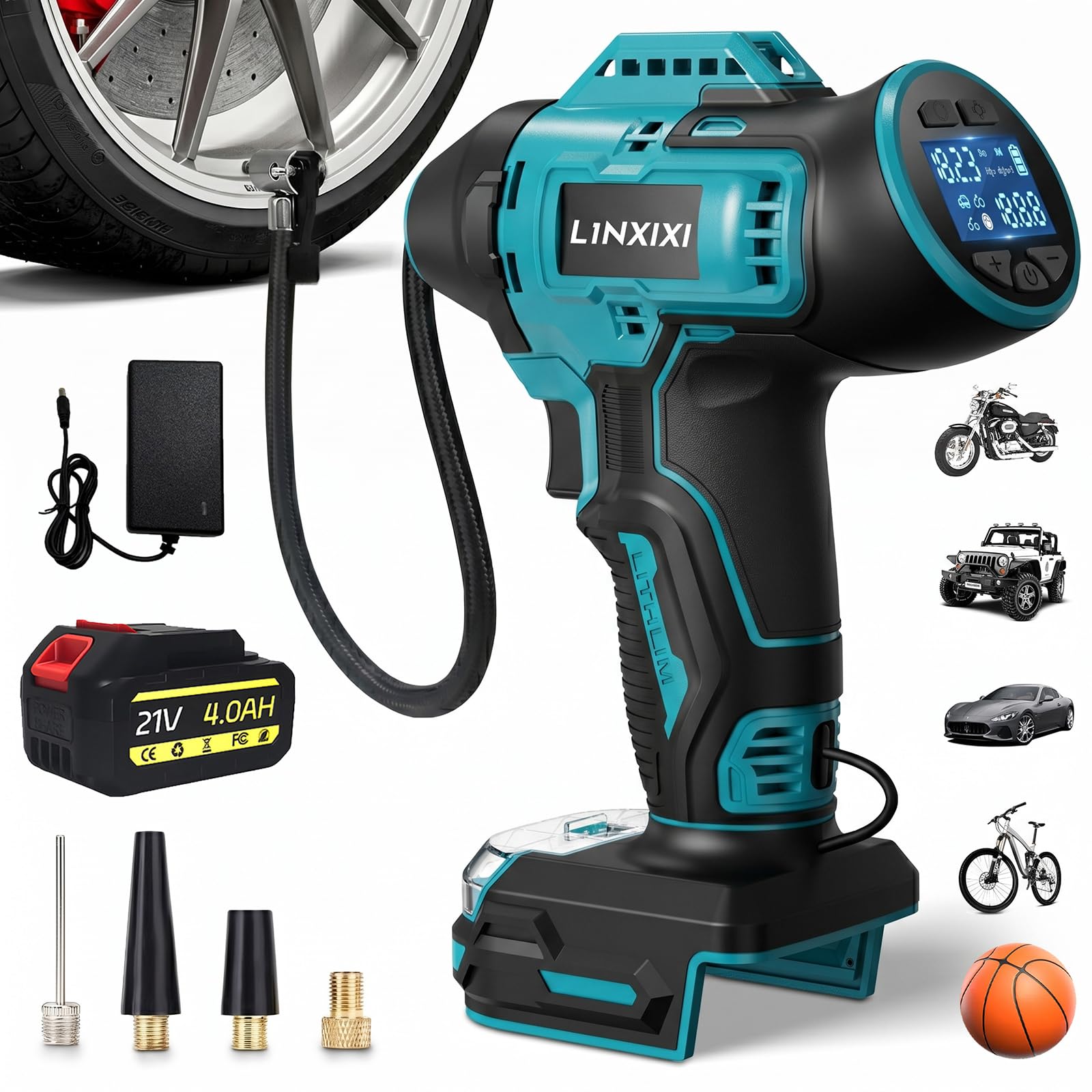 Przenośna sprężarka powietrza do Ma-Kita, akumulator 18 V, 160 PSI, bezprzewodowa, przenośna sprężarka z akumulatorem 21 V, pompka powietrza z cyfrowym manometrem, do samochodów, motocykli, piłek