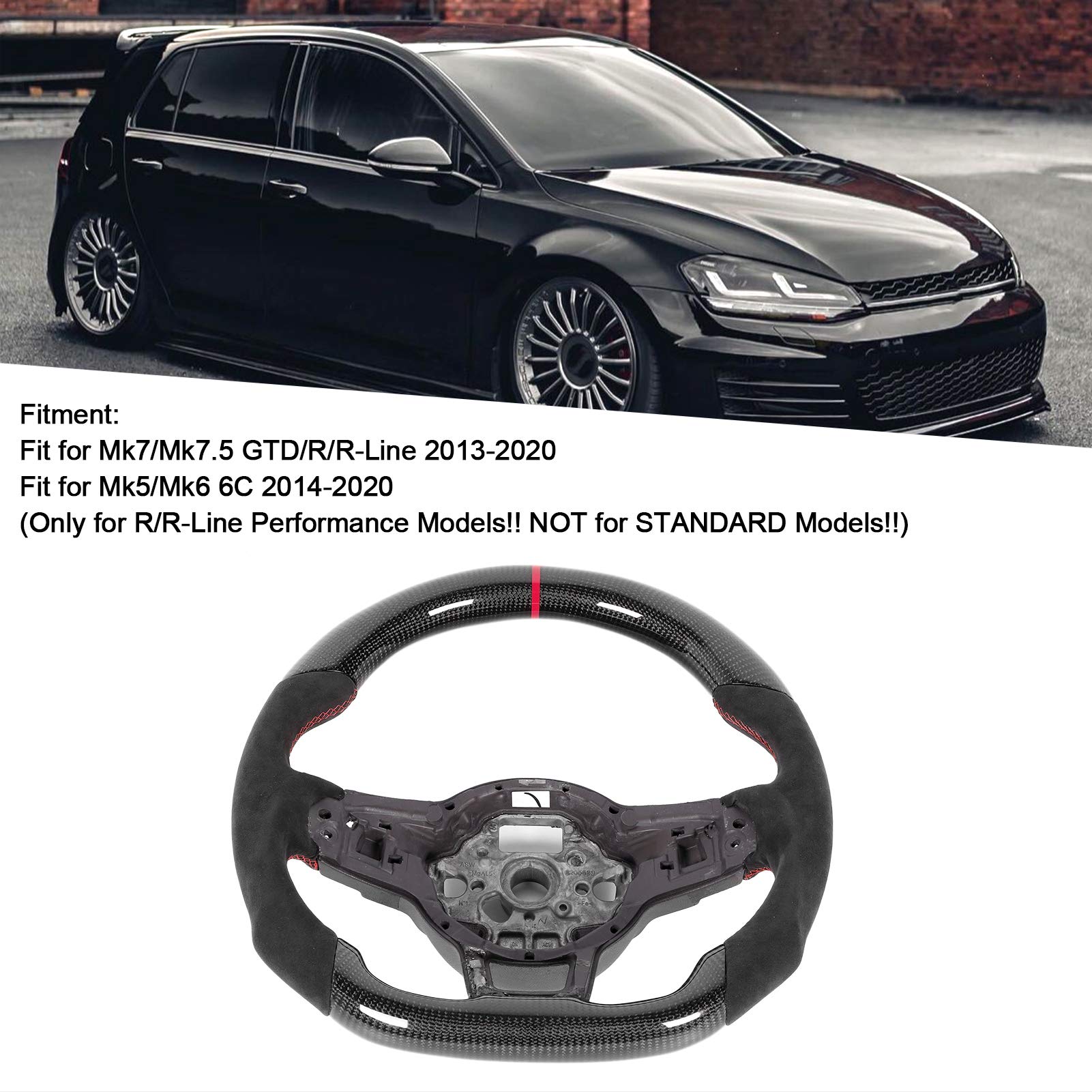 Płaska Dolna Kierownica z Włókna Węglowego z Czerwonymi Przeszyciami do Mk7/Mk7.5 GTD/R 2013-2020 - Projekt Wyścigowy do Pojazdów z ręczną/automatyczną skrzynią Biegów