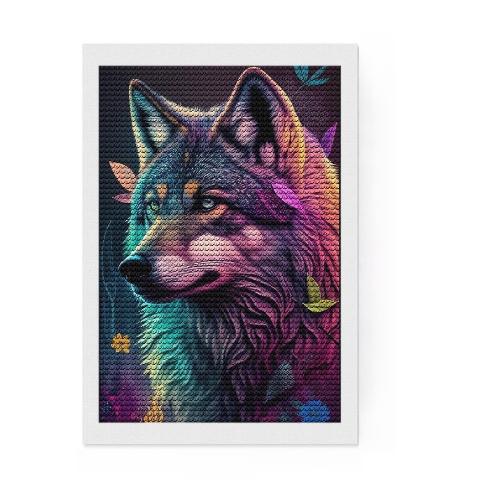 Junmoney Colorful Wolf Animals Diamond Painting Set 8"x12", with Tool Kit, Office Decor, Creative Hobby, Fun Craft Activity, Winter Craft