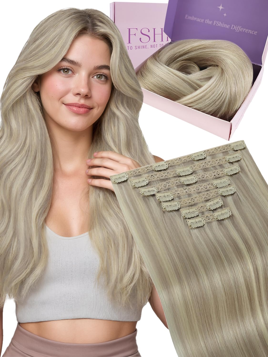 Echthaar Extensions Clip, Aschblond mit Platinblonden Strähnen, 45 cm, 120 g 7 Stücke, Unsichtbares Design, Clip Extensions Echthaar, Farbe 18P613