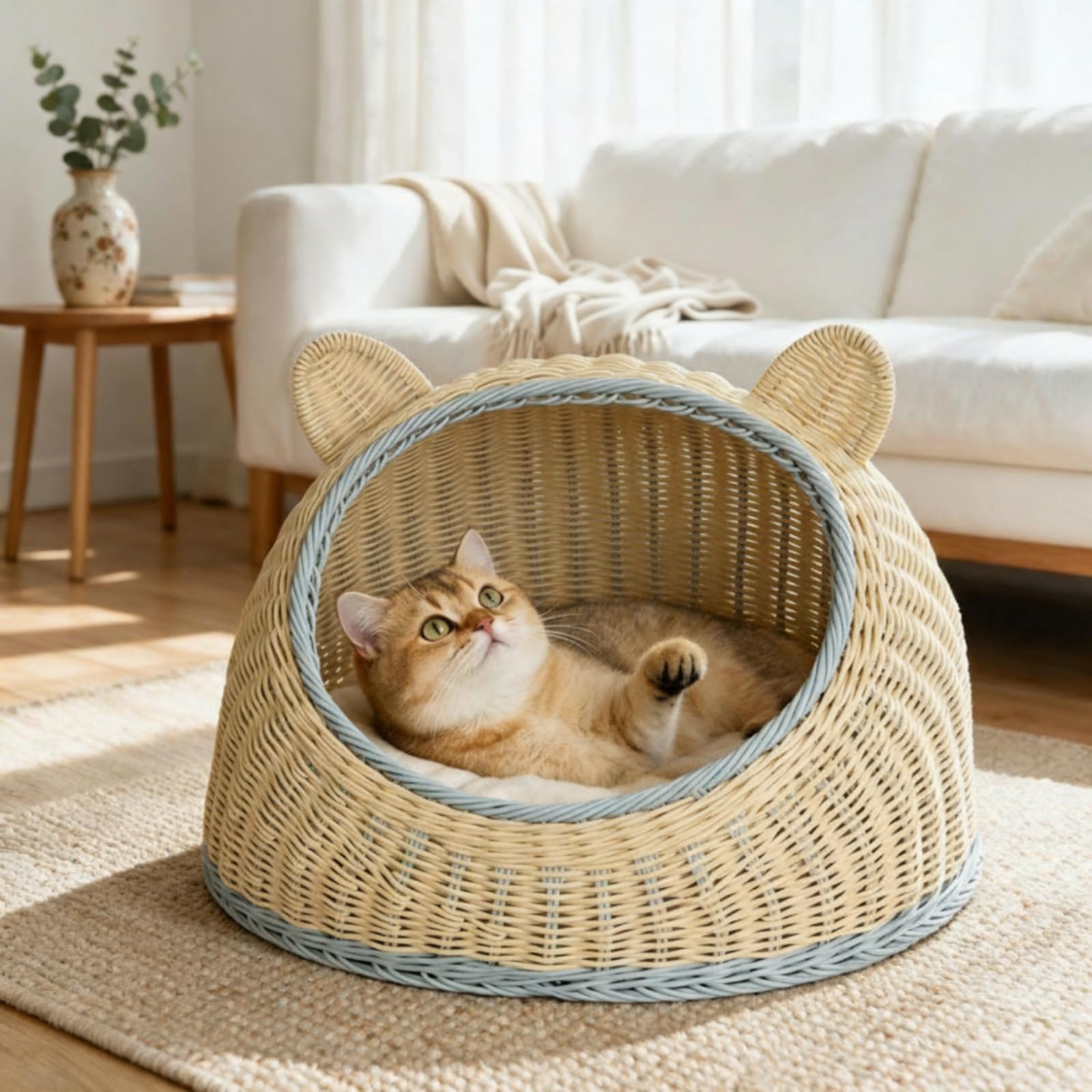 Tejido para con Entrada Frontal y Laterales Elevadas Cesta Mimbre PP con Diseño Cuna Abierta para Ventilación Refugio Mascota con talles Orejas Acuado, Marrón, L