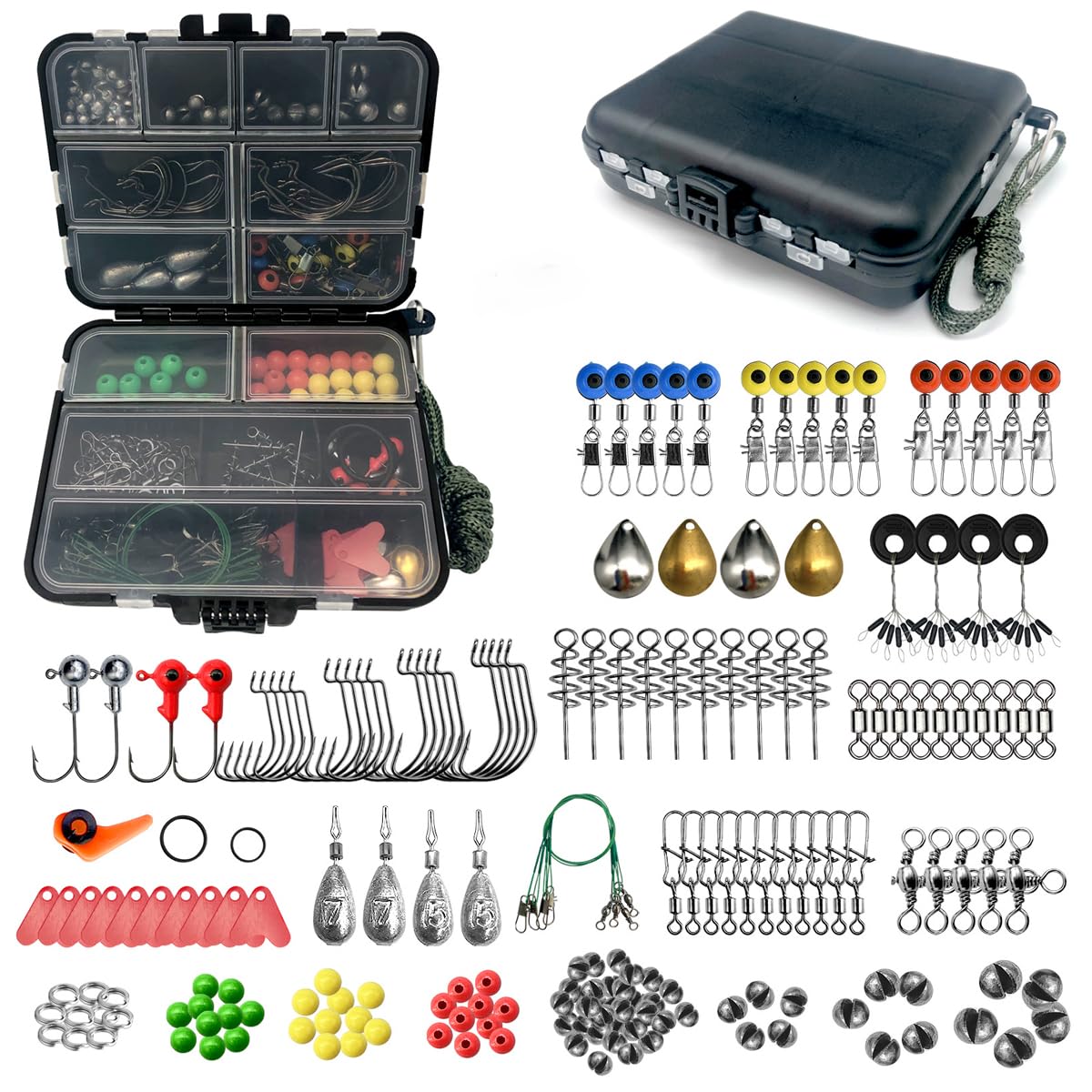 FOLANDO 187pcs Fishing Accessories Kit - Jig Hooks Bullet Bass Casting Weights Swivels Snaps Spoon Lure, Line Beads Gear Set with Tackle Box