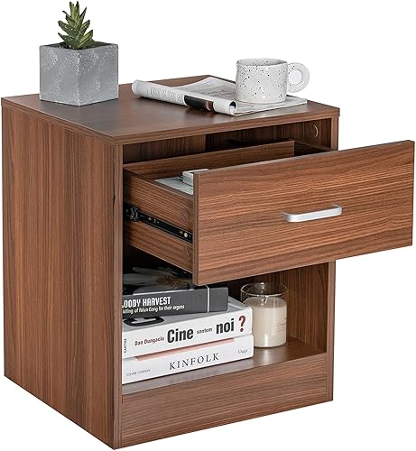 Giantex Mesita de noche de nogal, mesita de noche de granja con cajón y armario de almacenamiento abierto, mesita de noche de madera, mesa auxiliar