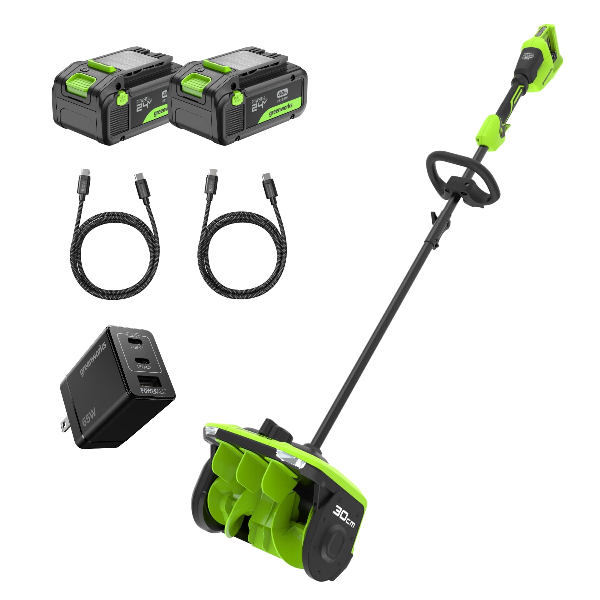 Greenworks Fraise à Neige sans Fil 48V 30cm 20cm 2 Batteries 4,0 Ah 65W USB C Chargeur SS3002