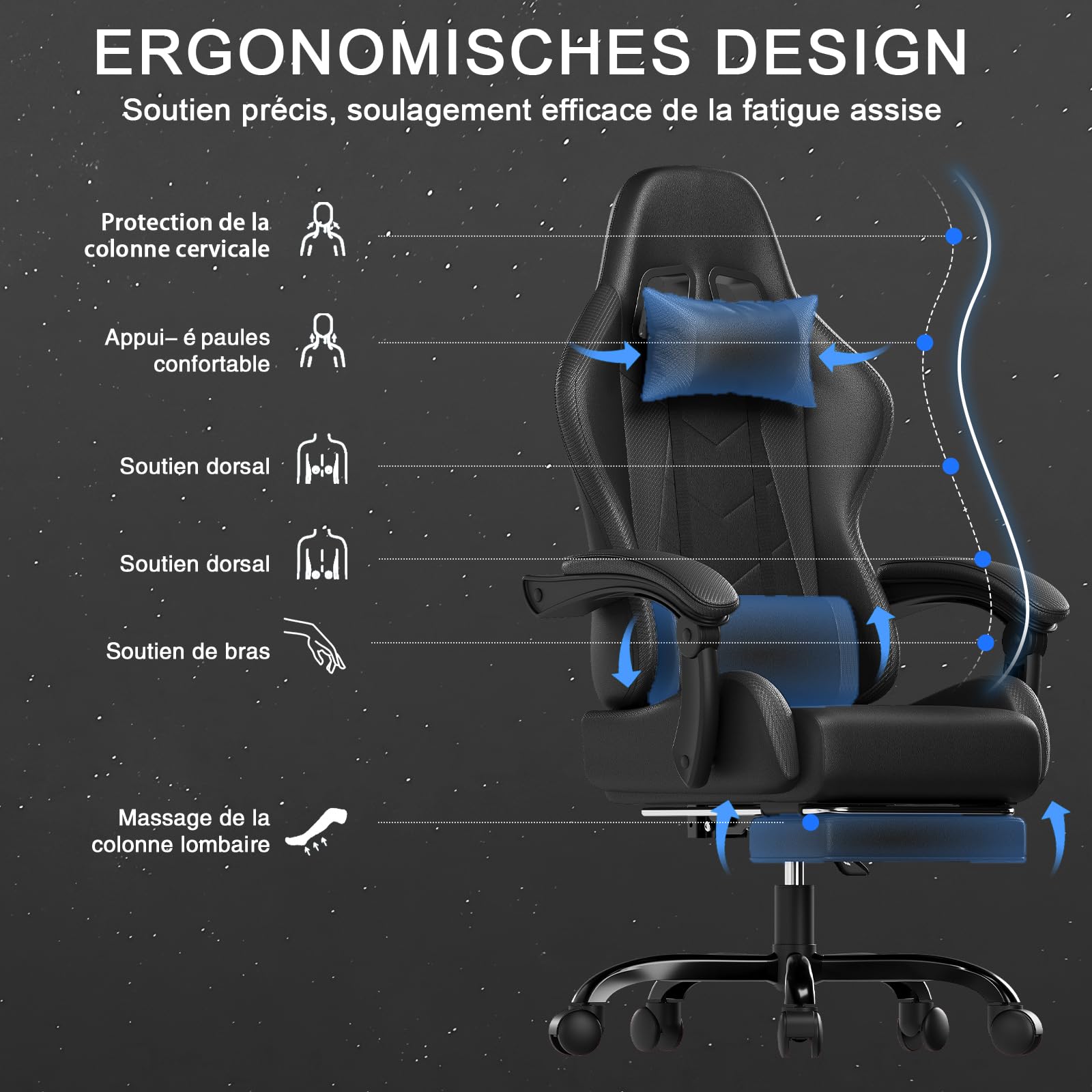 JUMMICO Chaise Gaming avec Coussin de Massage, Fauteuil Gaming Ergonomique avec Coussin Lombaire Massant, Chaise Bureau Gaming avec Dossier Réglable de 90 à 150° et Repose-Pieds, 150 kg, Noir