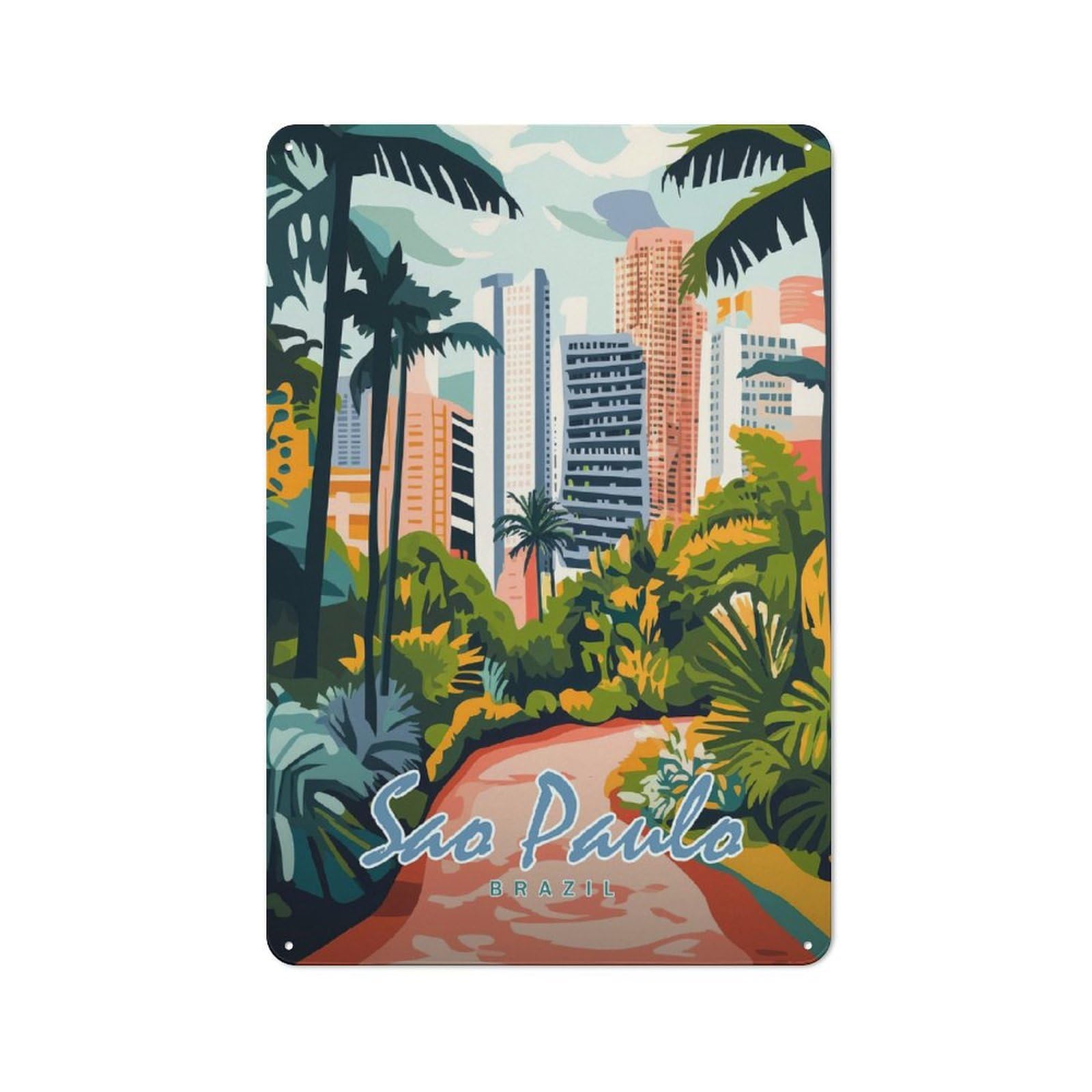 Junmoney Style-23 Retro Metal Wall Sign 30X20cm Featuring Sao Paulo Cityscape(2) For Garage Wall, For Garage, Workshop And Man Cave Decoration