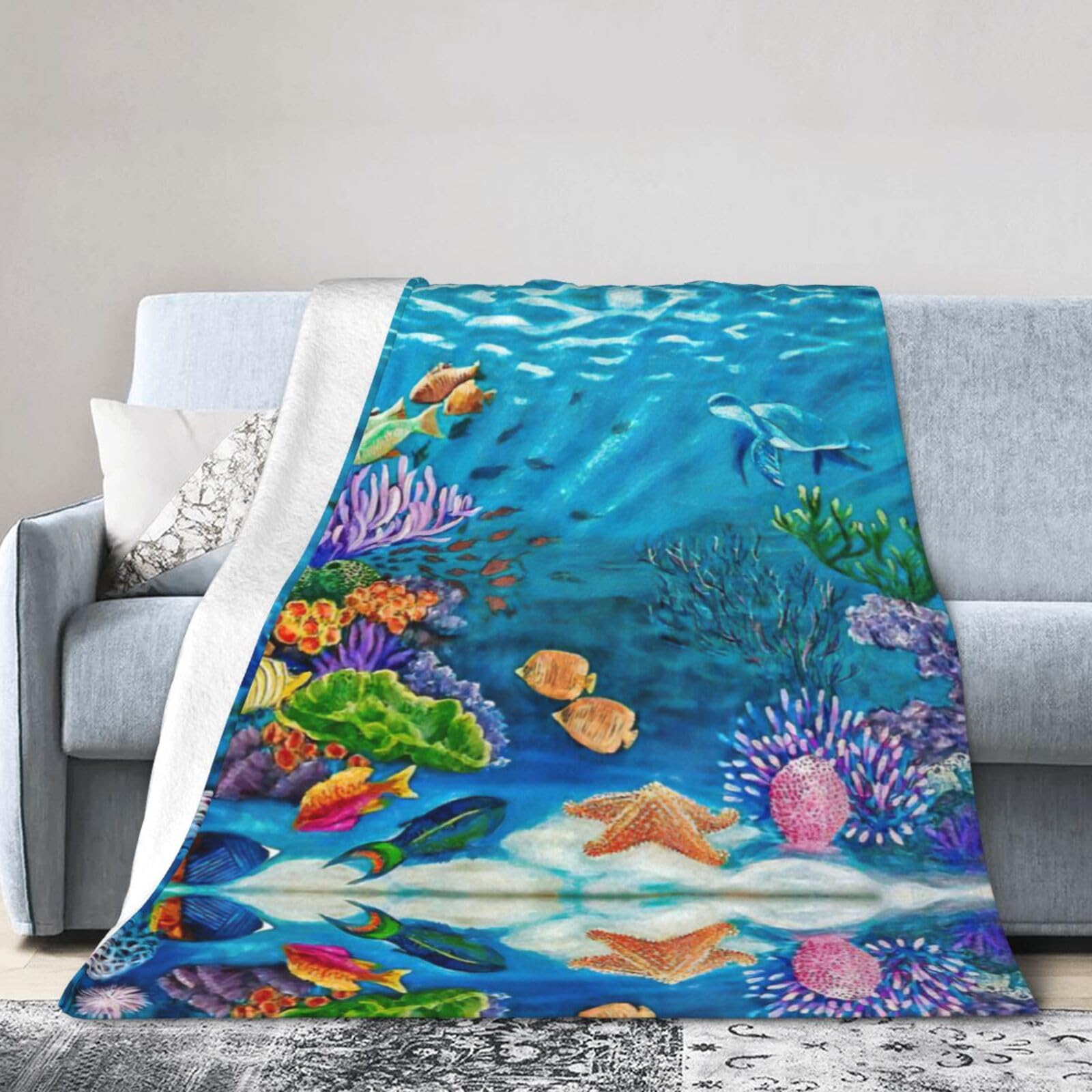 Uusnwaa Soft Cosy Fleece Warm Throw Ocean Sea Turtle Tropical Fish Starfish Print Blanket