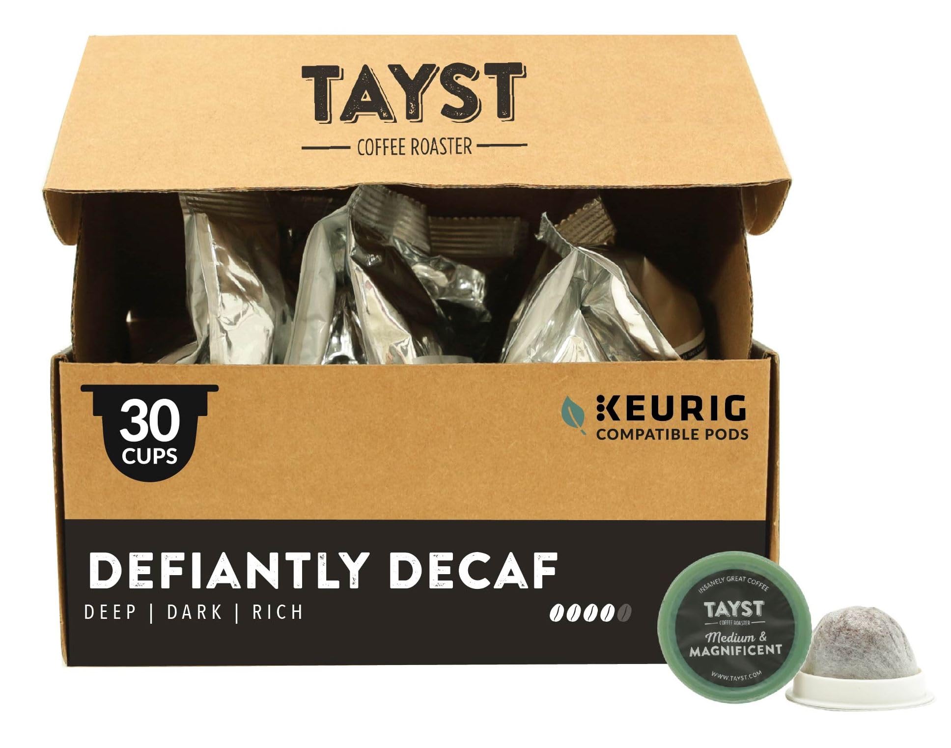 Tayst Coffee Pods, Defiantly Decaf Dark Roast, K Cups Compatible with Keurig Coffee Maker, Sustainable Single Serve, Pack of 30