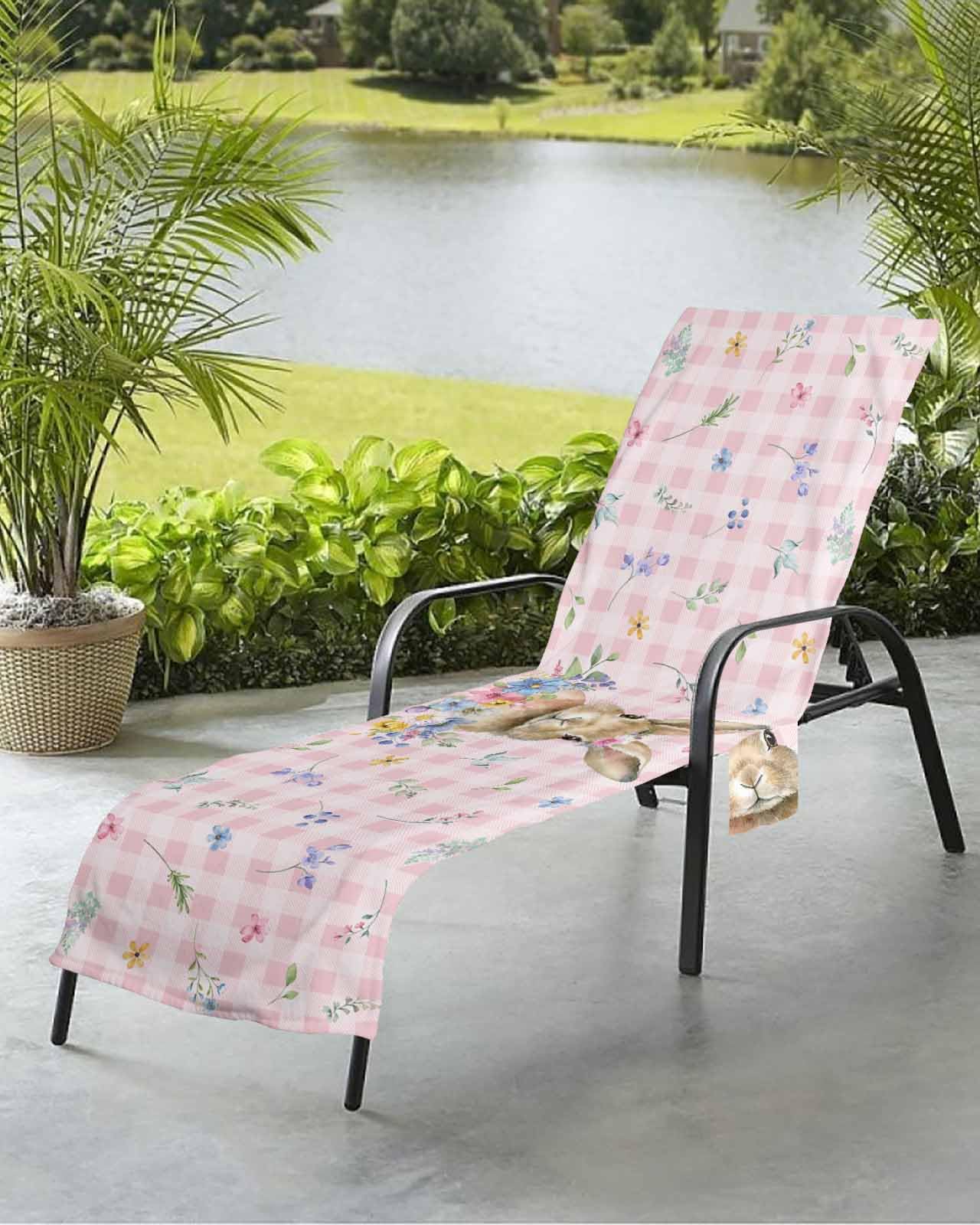 Easter Spring Bunny Beach Chair Towel Covers for Chaise Lounge with Side Pocket, Soft Plush Pool Towels Cover for Patio Sunbathing Outdoor 29''x85'' Buffalo Plaid Check Rabbits Pink Plant