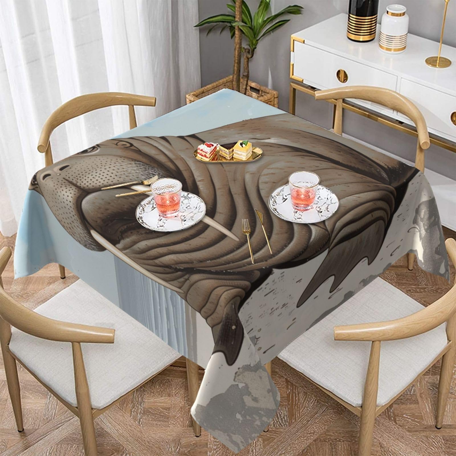 WPKJU Walrus Printed Square Tablecloth 60x60 inch Water Resistant Table Cover Washable Rectangle Table Cloth for Dining Tables