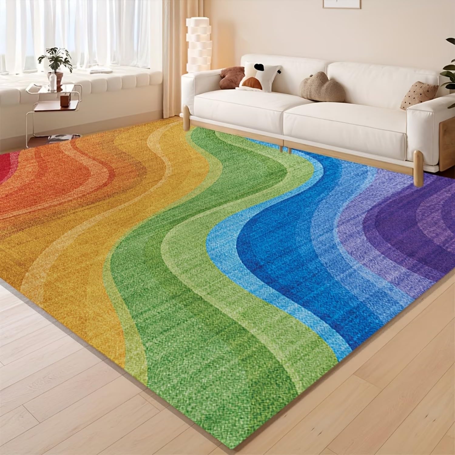 Colourful Wavy Area Rug, 100x150cm Abstract Swirl Rainbow Carpet, Modern Funky Curved Bright Multi-Colour Rugs, Washable, Non-slip, and Easy to Clean Carpet for Living Room Lounge Contemporary