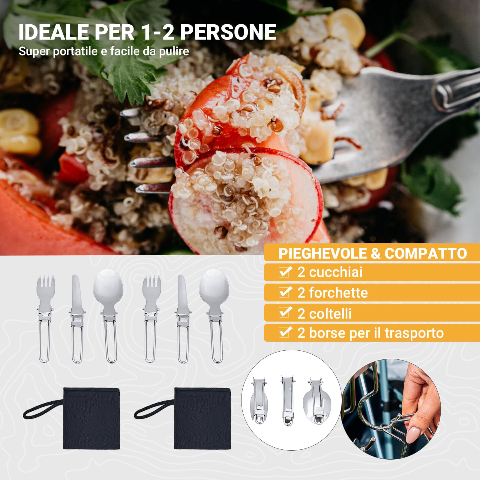 KingCamp Set di pentole da Campeggio, stoviglie da Campeggio in Acciaio Inox, Leggero e Portatile, Include pentola, Padella, Posate, Piatti e Ciotole, Set Pieghevole Ultraleggero