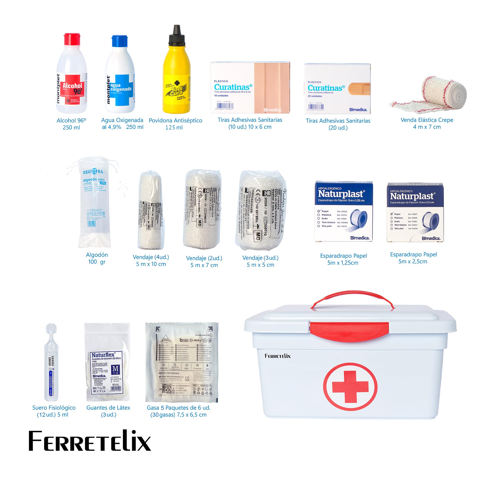 Farmalix Botiquin caja primeros auxilios con tapa 8 litros medidas: 35cmx23cmx19cm equipado con varios artículos para realizar las primeras curas en caso de emergencia