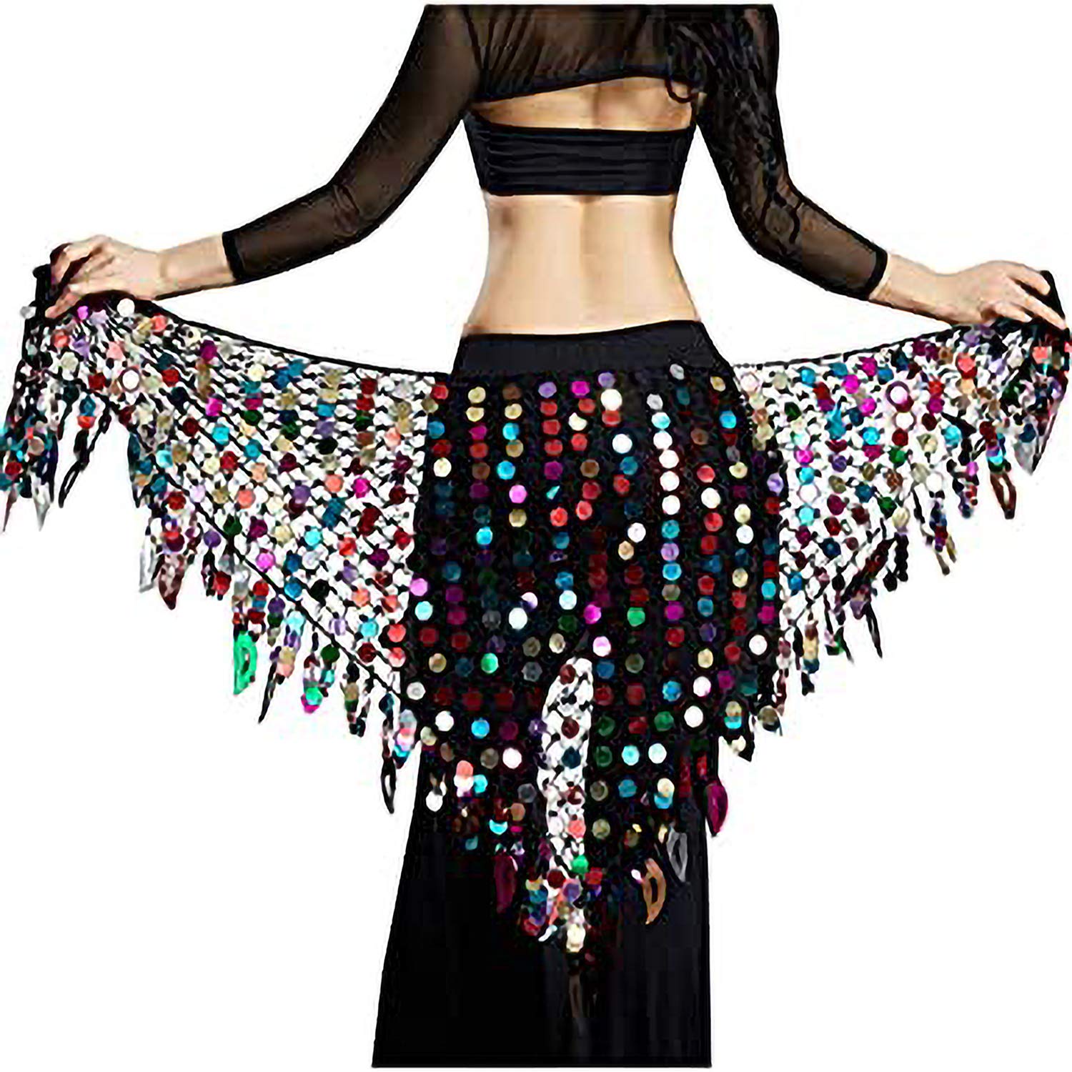 VRITRAZ Women's Chiffon Belly Dance Hip Scarf Waistband Belt Skirt Mixed Colors Sequence Beads and Coins Multicolor