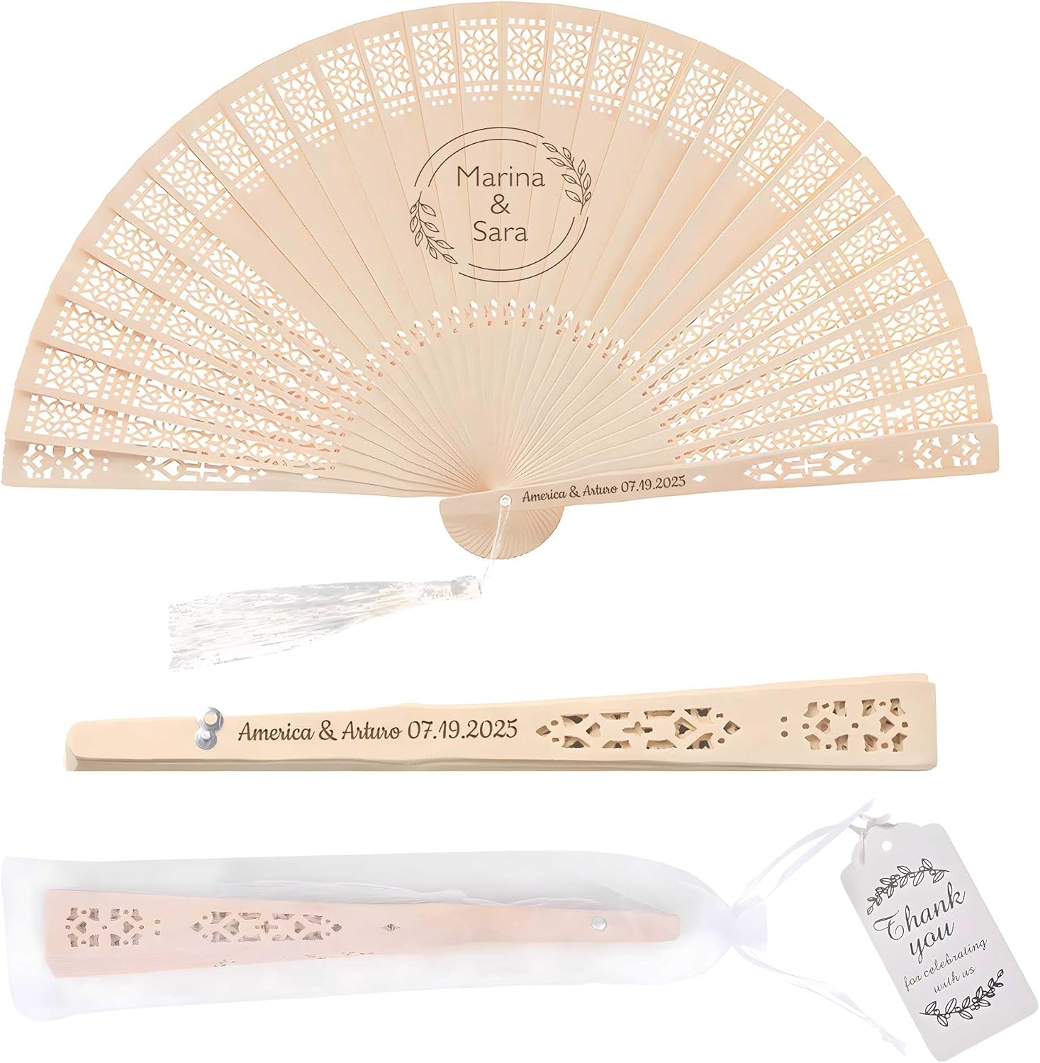 50 PCS Custom Fans Personalized Folding Fans for Line Dancing Wooden Hand Fan Wedding Favors Bulk Fans for Guests Party Event Use (Style16)
