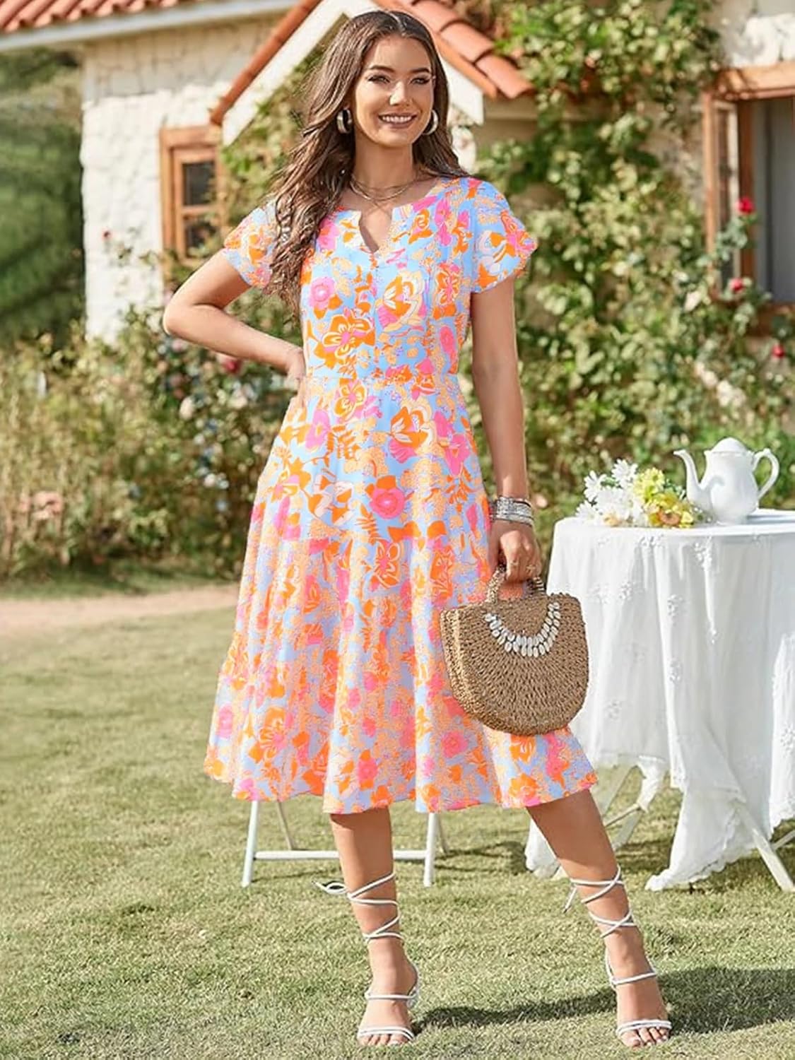 Fashionme Womens Summer Dresses Casual Petal Sleeve Floral Patchwork Knee Length V Neck Tiered Button Down with Pockets - Image 2