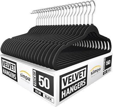 simpa Heavy Duty Velvet Non-Slip Suit Clothes Shirts Hangers 360 Degree Swivel Hook 50-Pack, Black/Silver