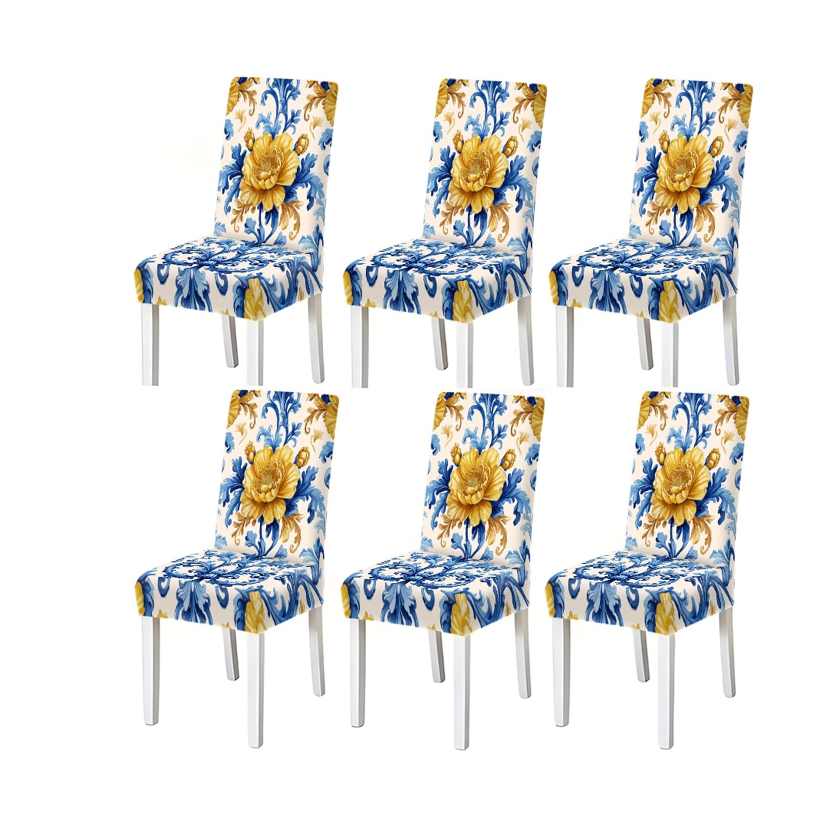 KXUAUV Blue Gold Peony Baroque Damask Floral Pattern Print Dining Chair Covers Set Of 2/4/6, Stretch Slipcovers For Kitchen Dining Room Seat Protectors for Restaurant Hotel Party(6PCSChair cover)