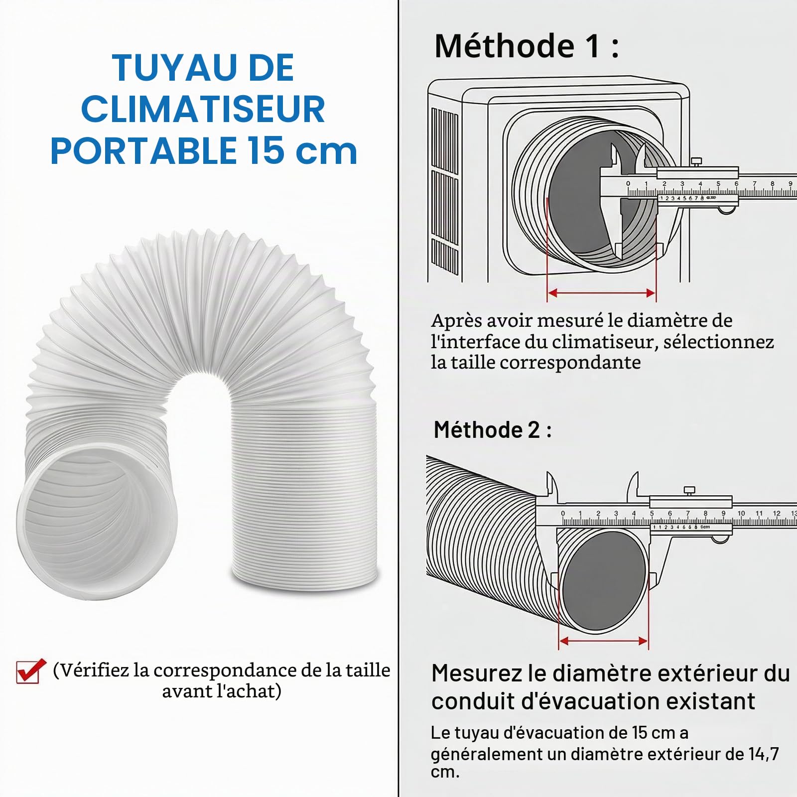 Tuyau Climatiseur Mobile, Diamètre 150mm Longueur 2M, Filetage à Gauche/Anti-Horaire, Tuyau Rallonge Souple en PP avec Armature Acier, Évacuation Universel pour Climatiseur Mobile