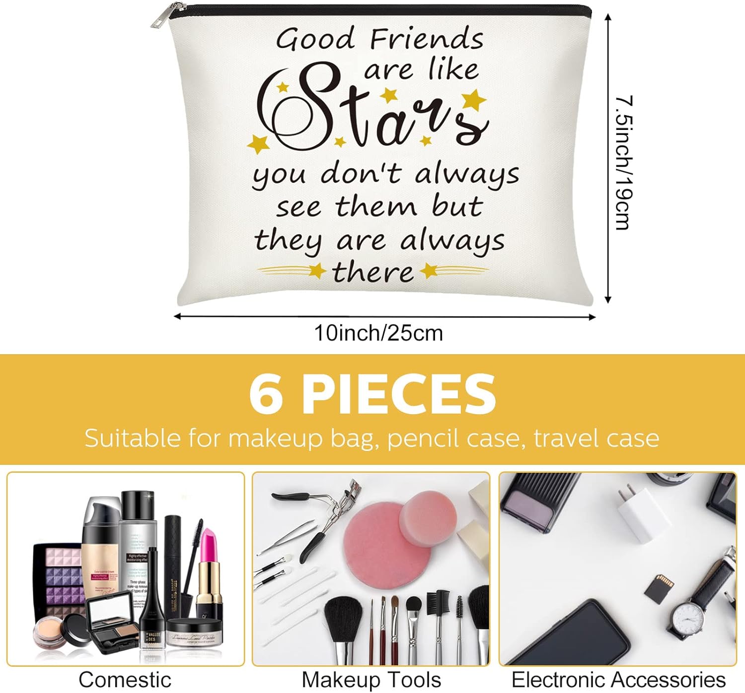 Xuniea 6 Pcs Friendship Gifts for Women Bulk Friendship Cosmetic Makeup Bag for Girl Travel Pouch Friend BFF Birthday Gifts(Star Pattern) - Image 2
