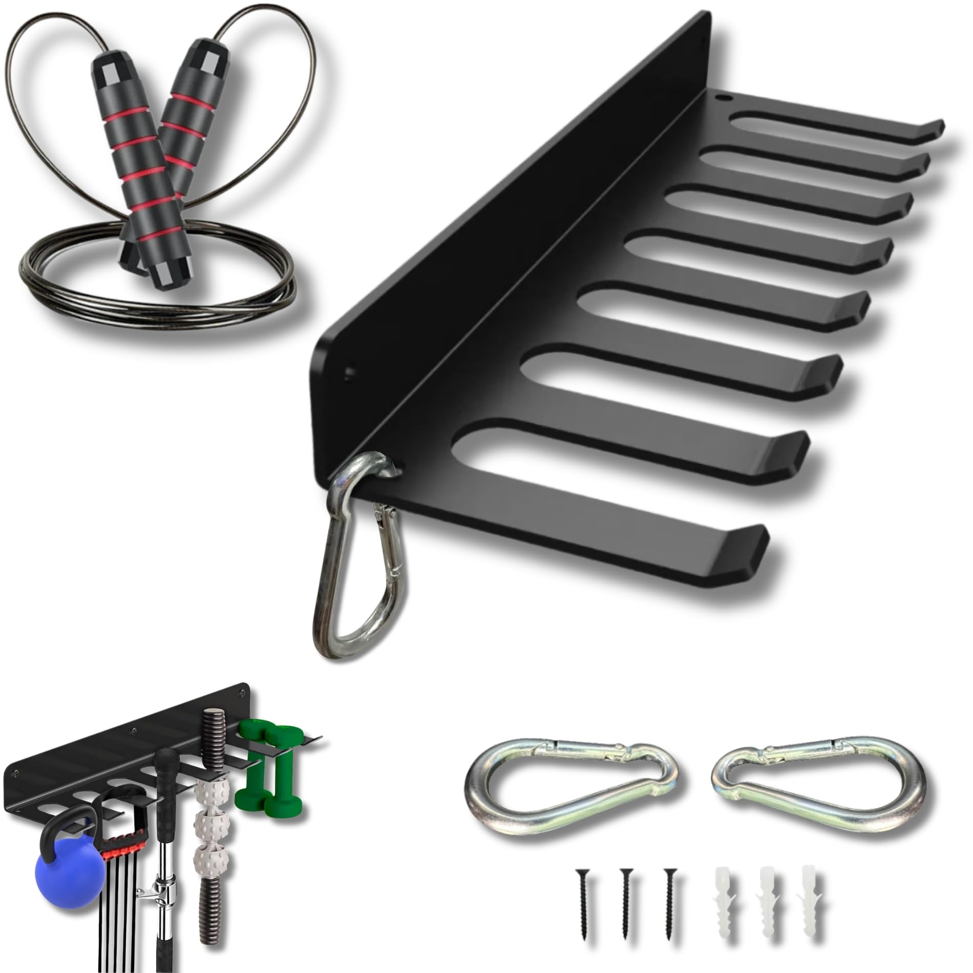 2-in-1 Gym Storage Rack + Jump Rope, Baseball bat wall mount, Gym organization for home gym, Bat holder wall mount, Baseball bat holder for wall, Home gym storage rack, Gym equipment storage, Bat holder, Bat holder for dugout fence, Gym organization, Weight rack for home gym.