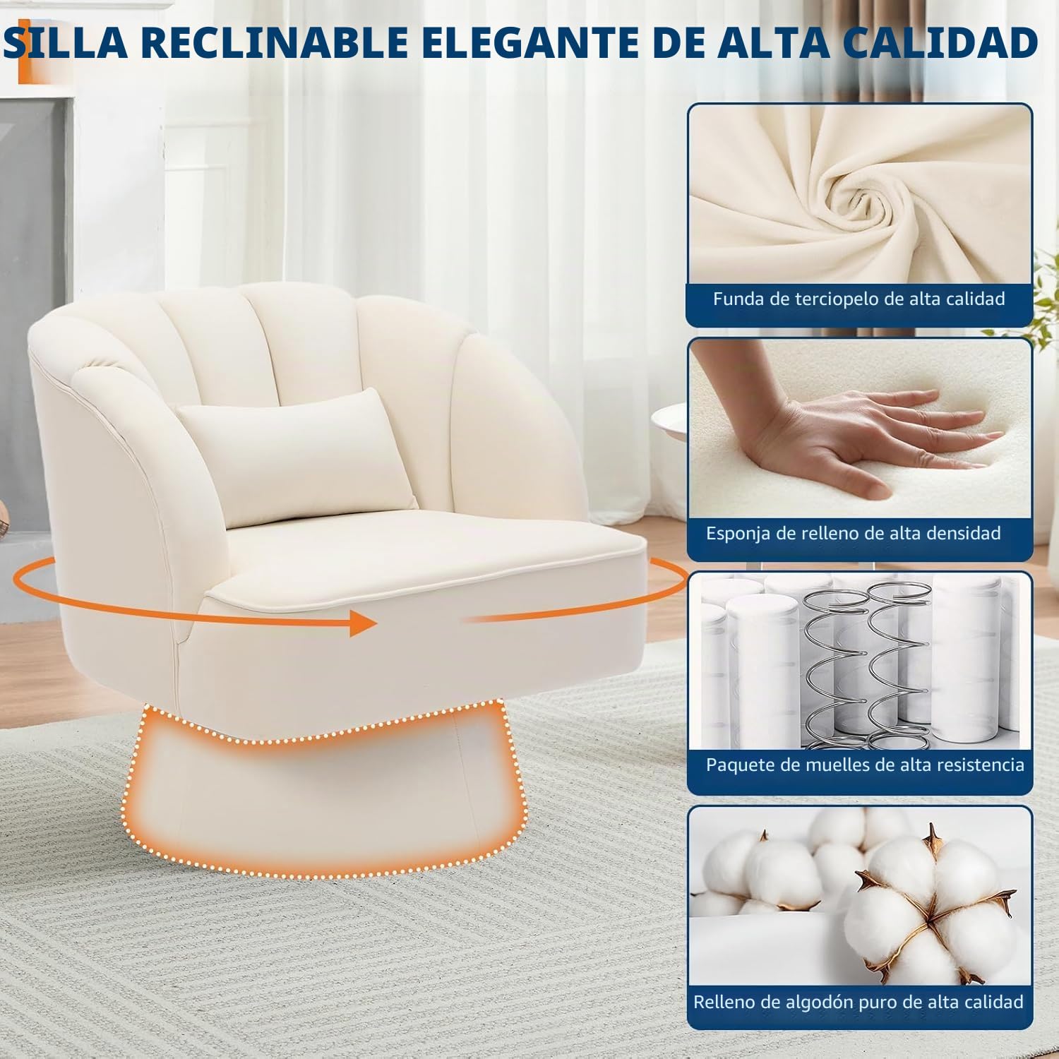 Sillón Giratorio Moderno, sillón Acolchado de Terciopelo de 360 Grados con Respaldo a Rayas y Acolchado de Felpa, cómodo sillón Redondo para salón, Dormitorio, rincón de Lectura