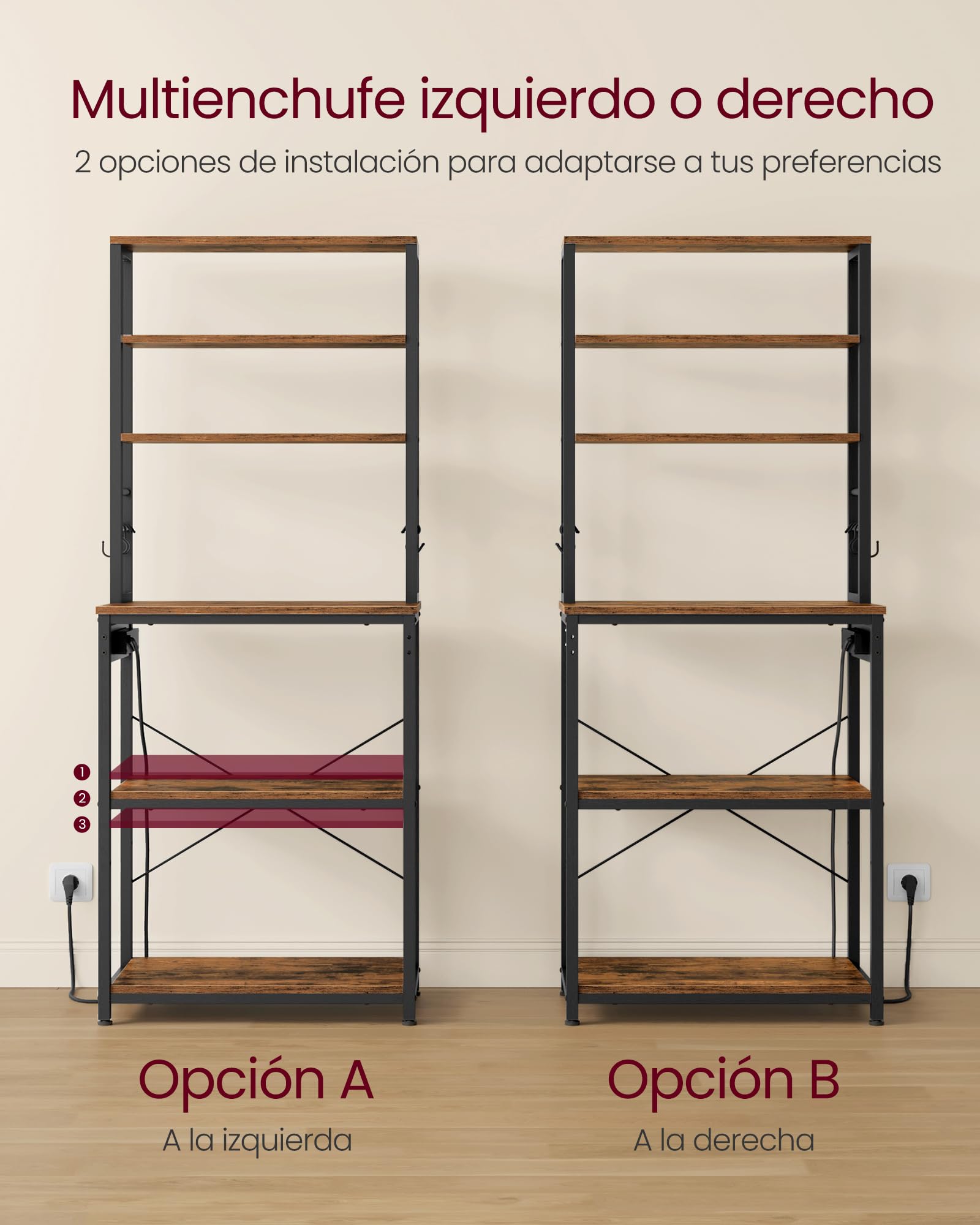VASAGLE Estantería de Cocina con Enchufes, Estantería de Pie para Cocina, Estantería para Microondas, 6 Estantes y 6 Ganchos, Marco de Acero, 40 x 60 x 167 cm, Marrón Rústico y Negro Tinta KKS124K01