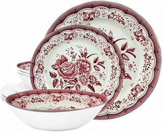 Tudor Royal 12-Piece Round Porcelain Dinnerware Set, Service for 4 - Victoria RED Design, Red Floral, Plates Bowls Dishes, Premium Quality Tableware, Unique Pattern, Glossy