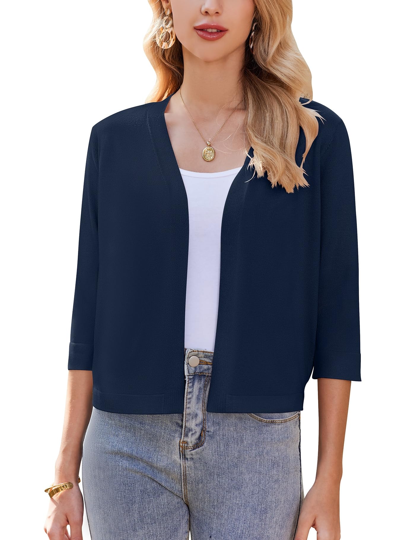 ZEAGOO Damen Bolero Elegant Strickjacke Kurz Bolerojacke 3/4 Ärmel Schulterjacke Festlich Kurze Jacke zum Kleid Open Front Cardigan S-XXL