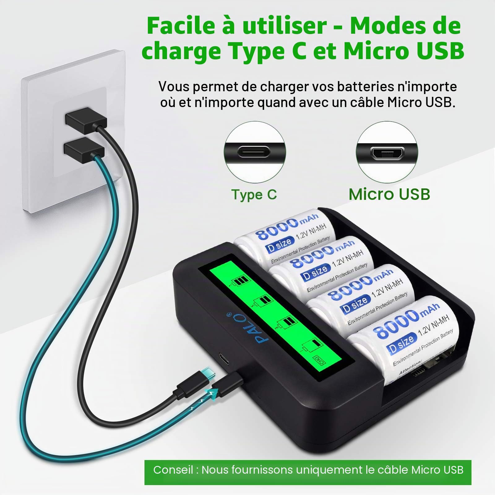 CITYORK Chargeur Universel LCD, pour Batteries 8 AA/AAA ou 4 C/D, Canal de Charge indépendant Via Chargeur Rapide - avec 4 Piles D 8000mAh NI-MH