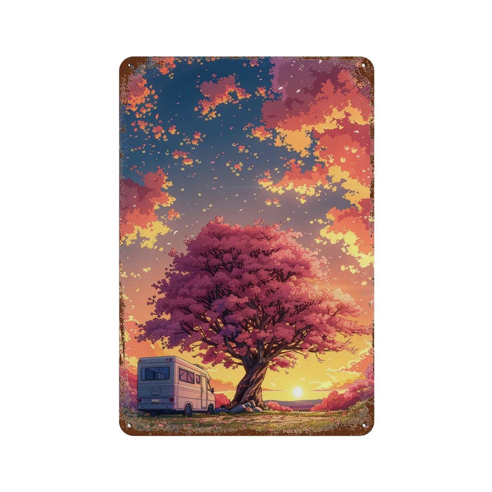 Rust Effect Cherry Blossom Camper Sunset Aged Metal Wall Plaque 11.8"x7.9", Classic Wall Plaque for Basement, Hobby Room And Garage Decor