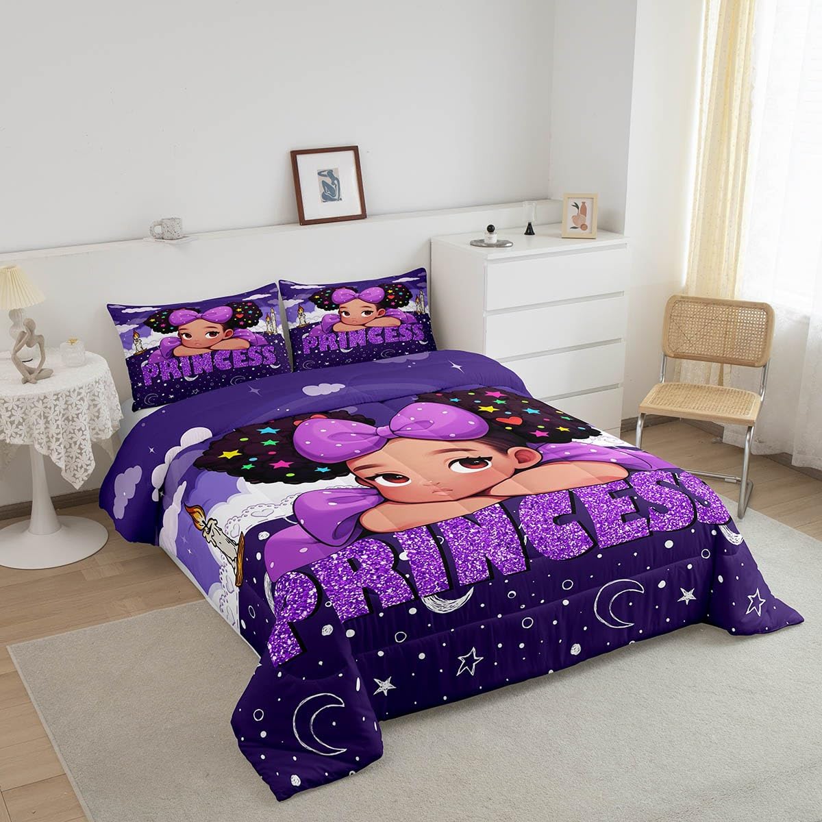 Cute Princess Girl Bedding Set Twin Size,Moon Starry Sky Night Print Kids Comforter Set,African Style Americans Down Comforter for Girls Women,Cartoon Glitter Purple Duvet Insert Teens Room Decor