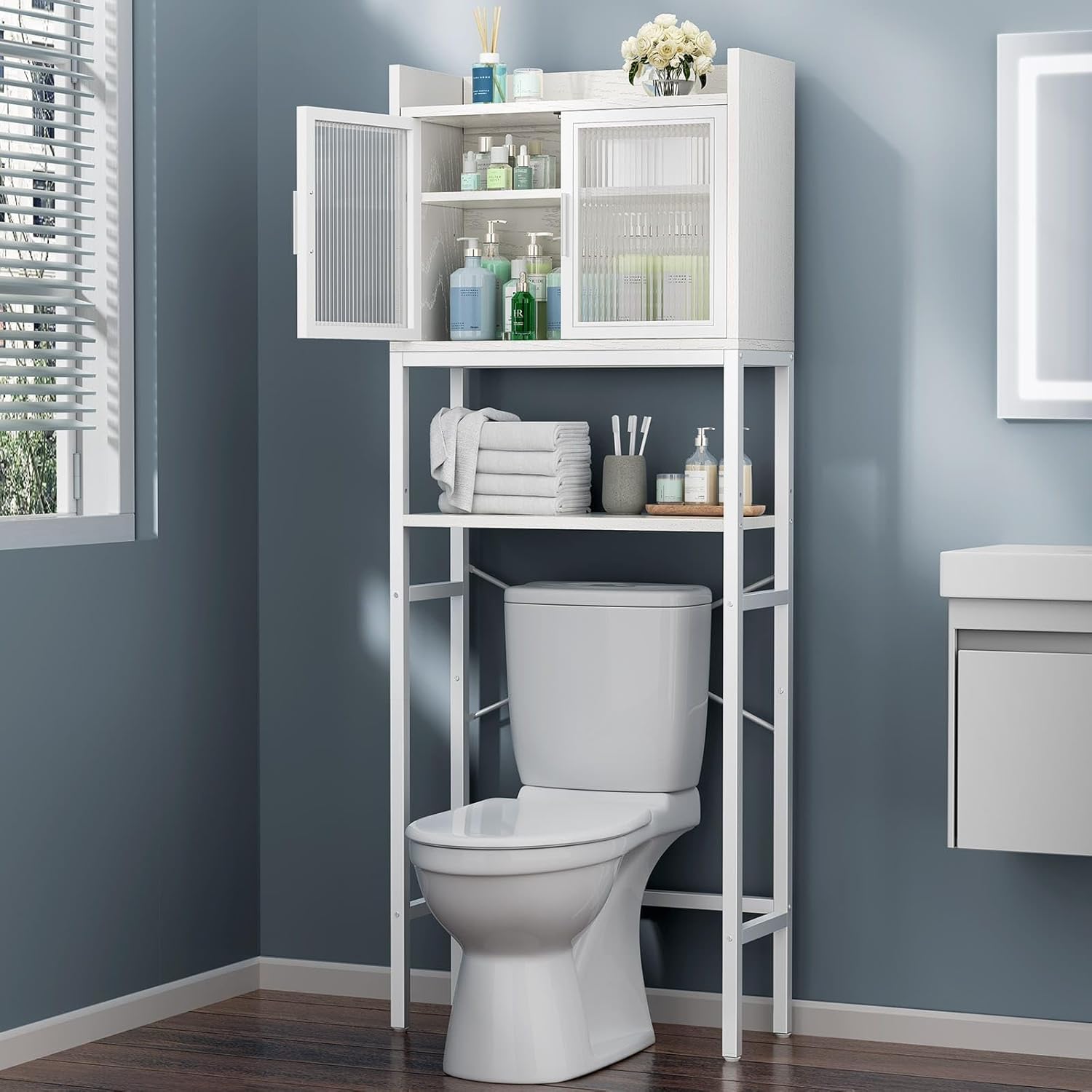 iBune Over The Toilet Storage Cabinet, 4-Tier Over Toilet Bathroom Organizer with Sturdy Iron Wood Structure, Above Toilet Storage Over The Toilet Cabinet with Doors, 24.8"D x 10.04"W x 64.96"H, White