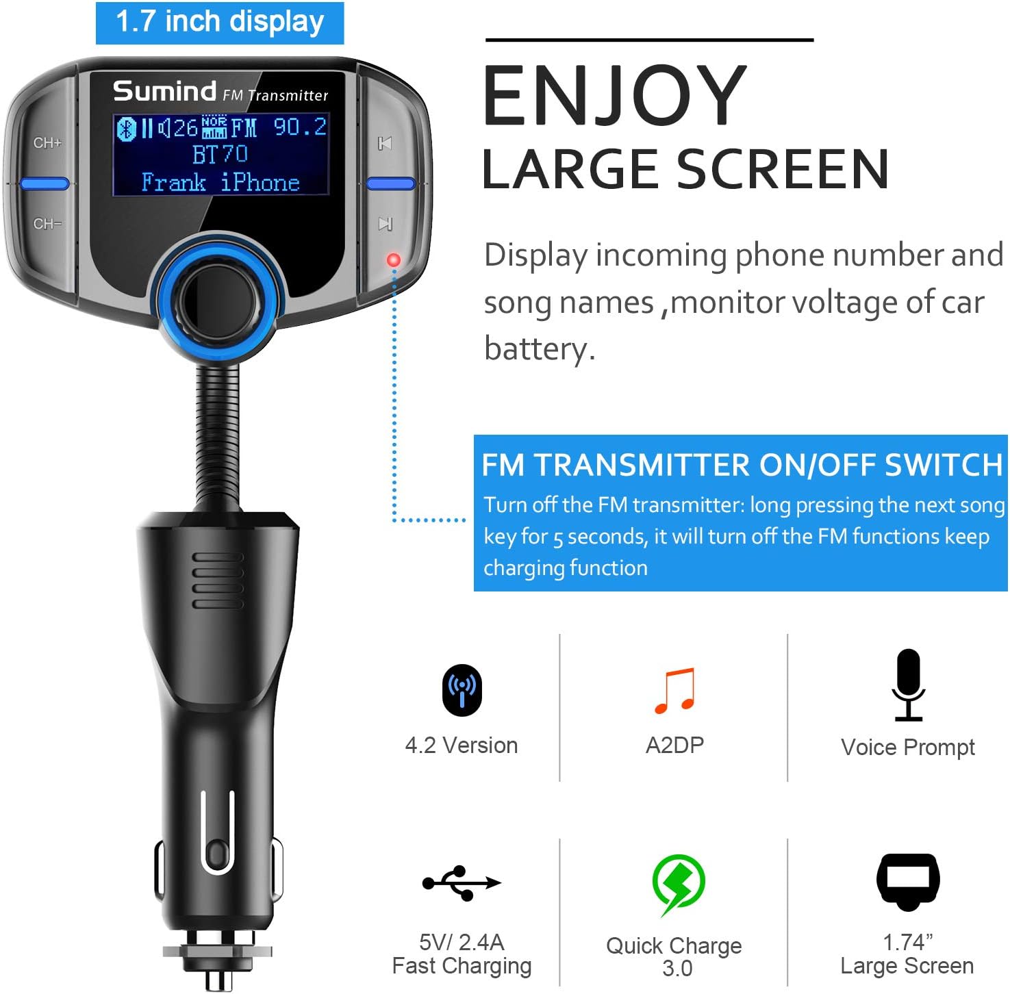 Lіmіtеd Dіѕсоunt (Upgraded Version) Sumind Car Bluetooth FM Transmitter, Wireless Radio Adapter Hands-Free Kit with 1.7 Inch Display, QC3.0 and Smart 2.4A USB Ports, AUX Output, TF Card Mp3 Player(Silver Grey) 40% оƒƒ Dіѕсоunt (Upgraded Version) Sumind Car Bluetooth FM Transmitter, Wireless Radio Adapter Hands-Free Kit with 1.7 Inch Display, QC3.0 and Smart 2.4A USB Ports, AUX Output, TF Card Mp3 Player(Silver Grey)