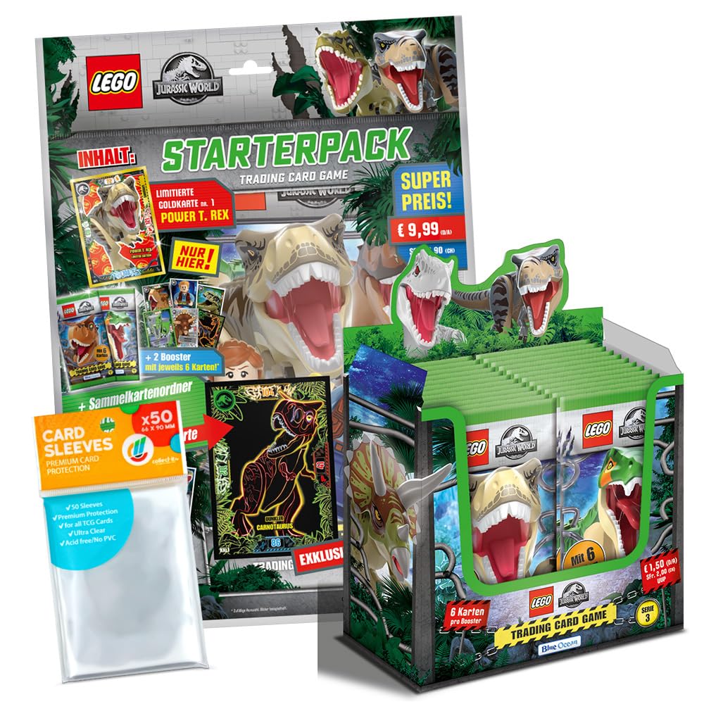 Bundle mit Blue Ocean LEGO Jurassic World - Serie 3 Trading Cards - 1 Starter + 1 Display (36 Booster) + Exklusive Collect-it Hüllen