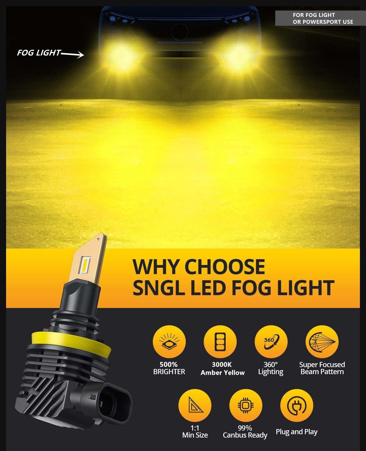 SNGL H11/H8/H16 LED Fog Light Bulbs or DRL, 3000K Amber Yellow, 13000LM Per Set, 500% Brightness, Fanless, for Fog Light or Powersport, Pack of 2