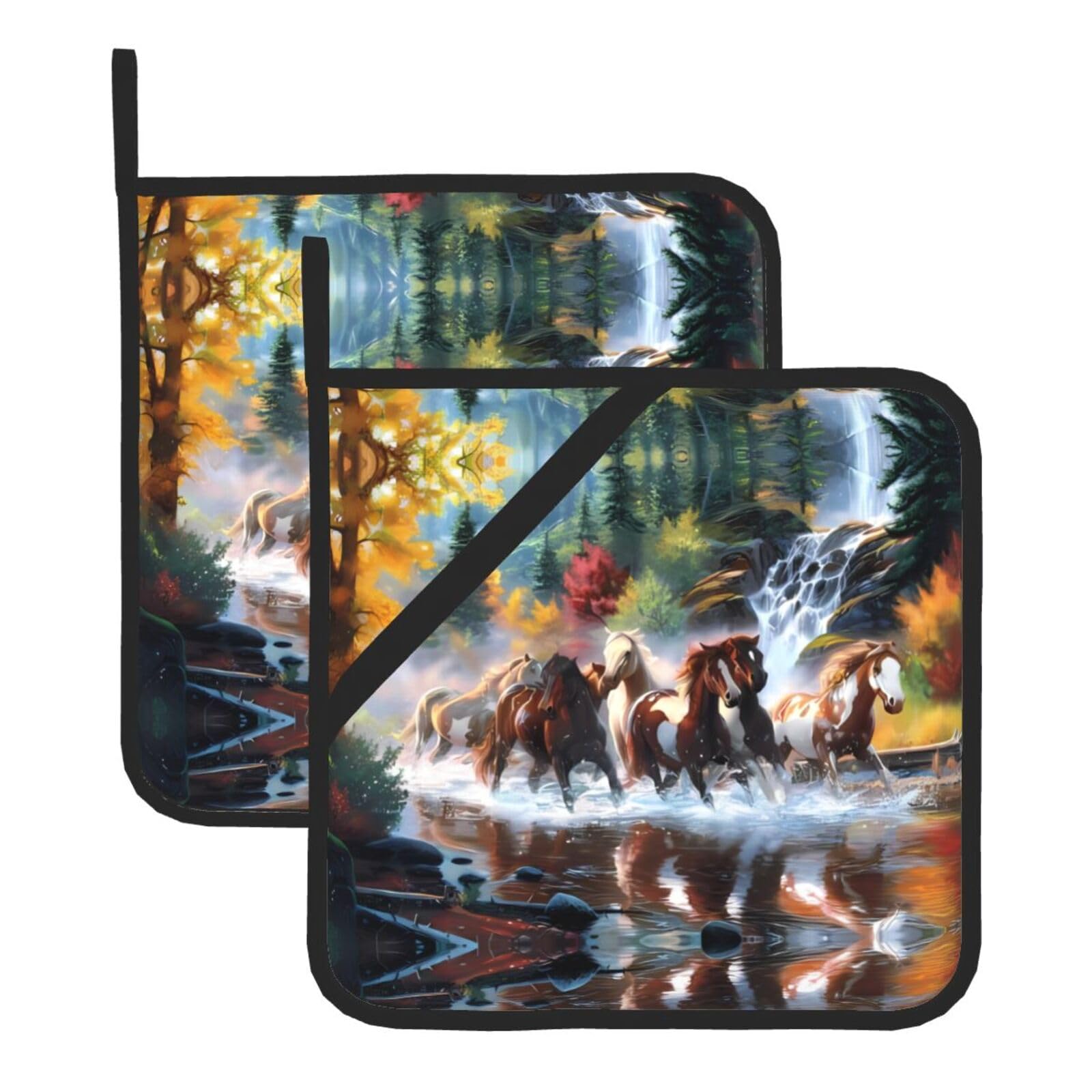 YYHWHJDE Horses Prints Square Hot Pads for Kitchen Counter - Waterproof Pot Holders with Hanging Loop, Durable Trivets for Microwave Oven - 2 Pack