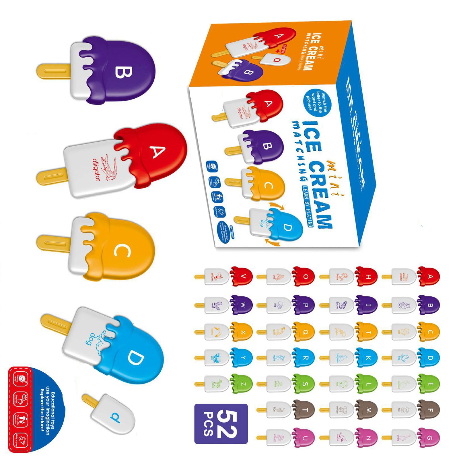 RAFGALDEX Educational Ice Cream Shape Letter Number Learning Toy Educational Toy for Toddler 26 Pieces Preschool Letter Matching