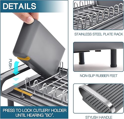 Miniatura 5 de TOOLF Escurridor de platos expandible, escurridor compacto de platos de acero inoxidable con soporte extraíble para cubiertos, estante de platos