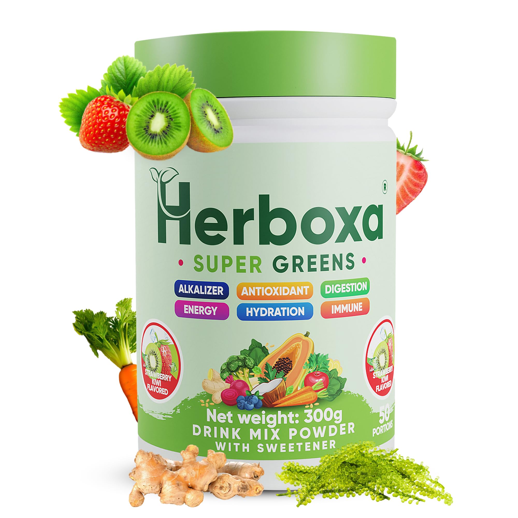 Herboxa SUPER GREENS Integratore Verde 50 Porzioni Fibra Probiotici Enzimi Digestivi Radice di Cicoria Zinco Cromo Gusto Fragola Kiwi Naturale Senza Zuccheri