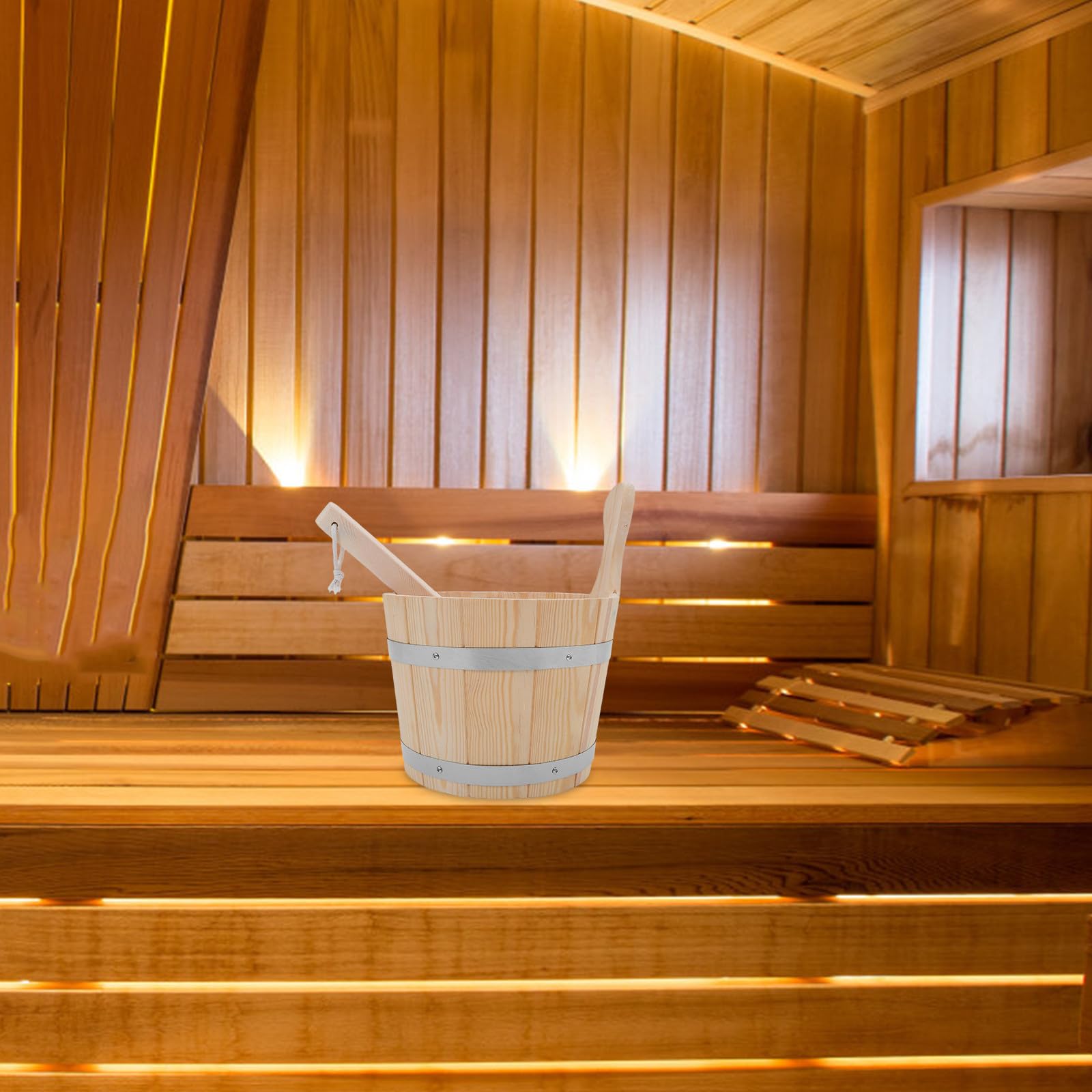 Ciieeo Barril de Madera para Sauna 5l Asa y Cucharón