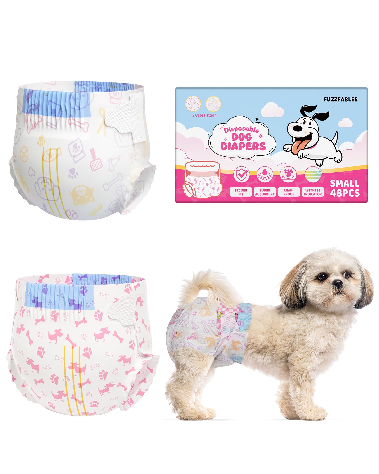 FuzzFables Disposable Female Dog Nappies, Super Absorbent Leak Proof with Wetness Indicator, 48 Count Pet Period Pants for Heat Cycle and Incontinence, Comfortable Adjustable Fit S