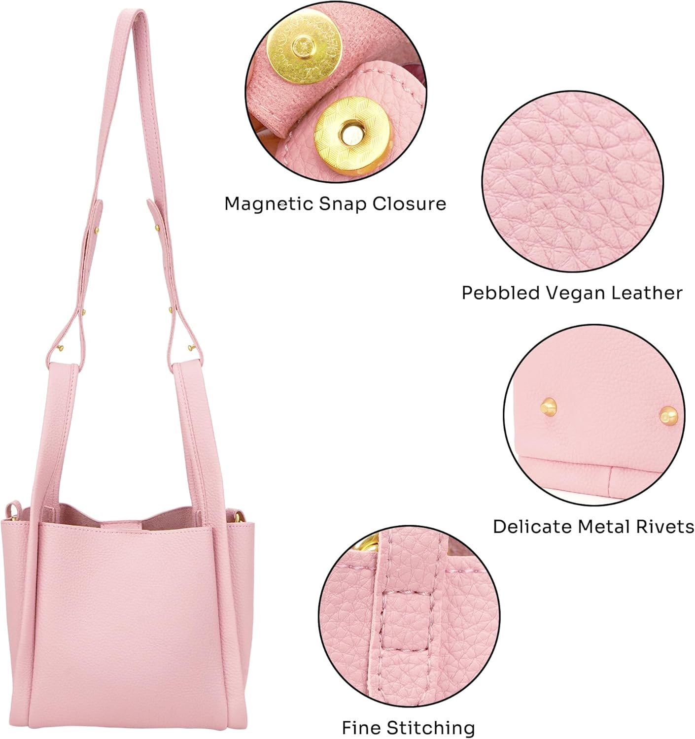 Bucket Bag for Women - Soft Vegan Leather Crossbody Purse with Detachable Pouch, Cream White Shoulder Handbag - Image 6