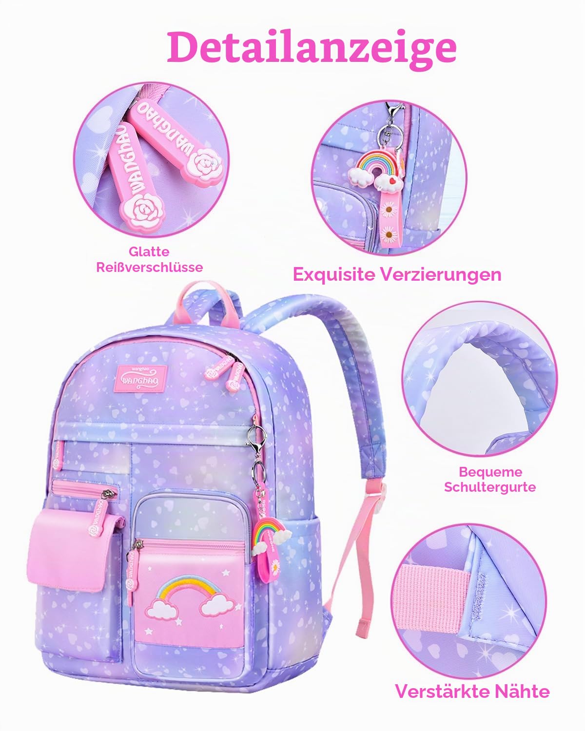 Amythe Kinderrucksack Mädchen,Rucksack Kindergarten,Schulranzen Mädchen 1-3. klasse, Leichte und Wasserdichte Nylon Schultasche für Kinder, 30 x 12 x 41 cm