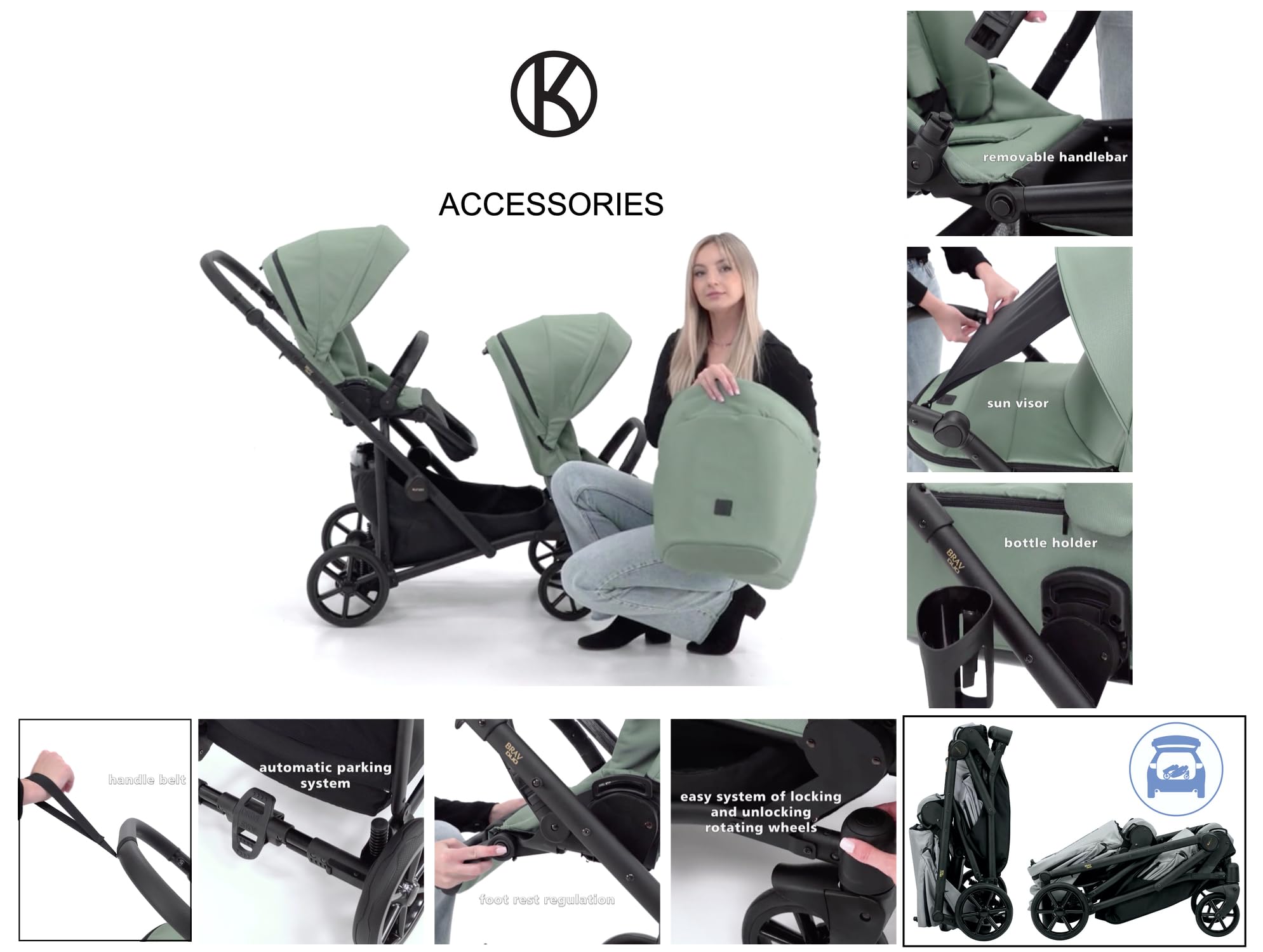 Kunert BRAV DUO Passeggino Gemellare 2 in 1+Accessori: Comfort, Sicurezza, Praticità, design elegante e funzionale, sistema versatile, telaio in alluminio (menta/telaio nero)