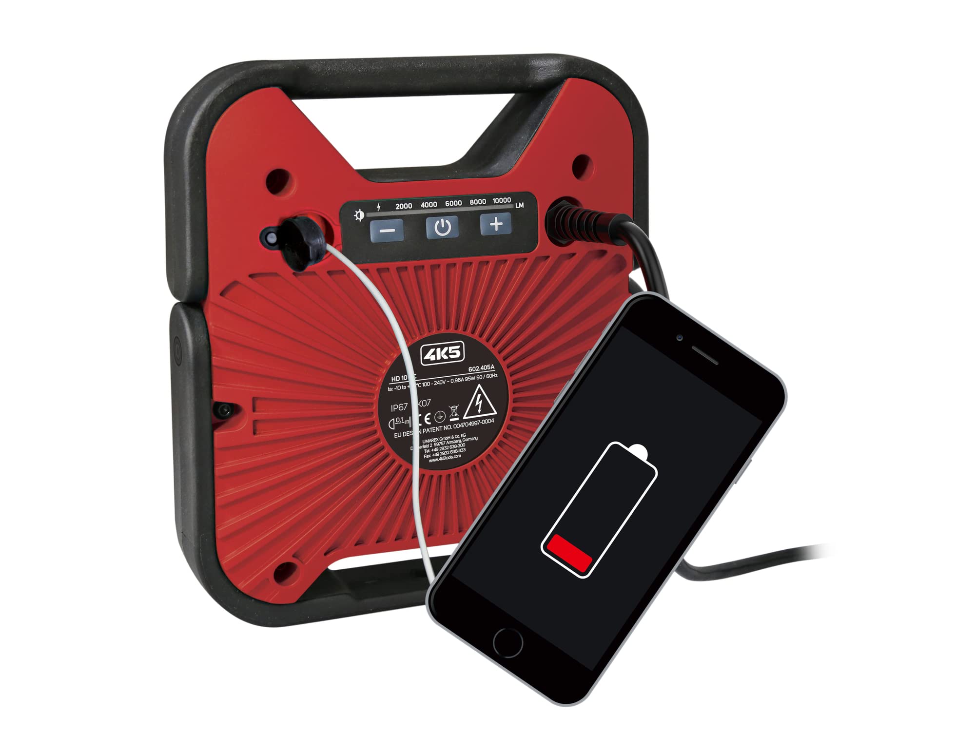 HD 10K C, Baustrahler LED-Arbeitsleuchte | 10.000 lm, Integrierte Powerbank, 180° Neigbar, 5 m Kabel, IP 67 Wasserdicht & Staubdicht