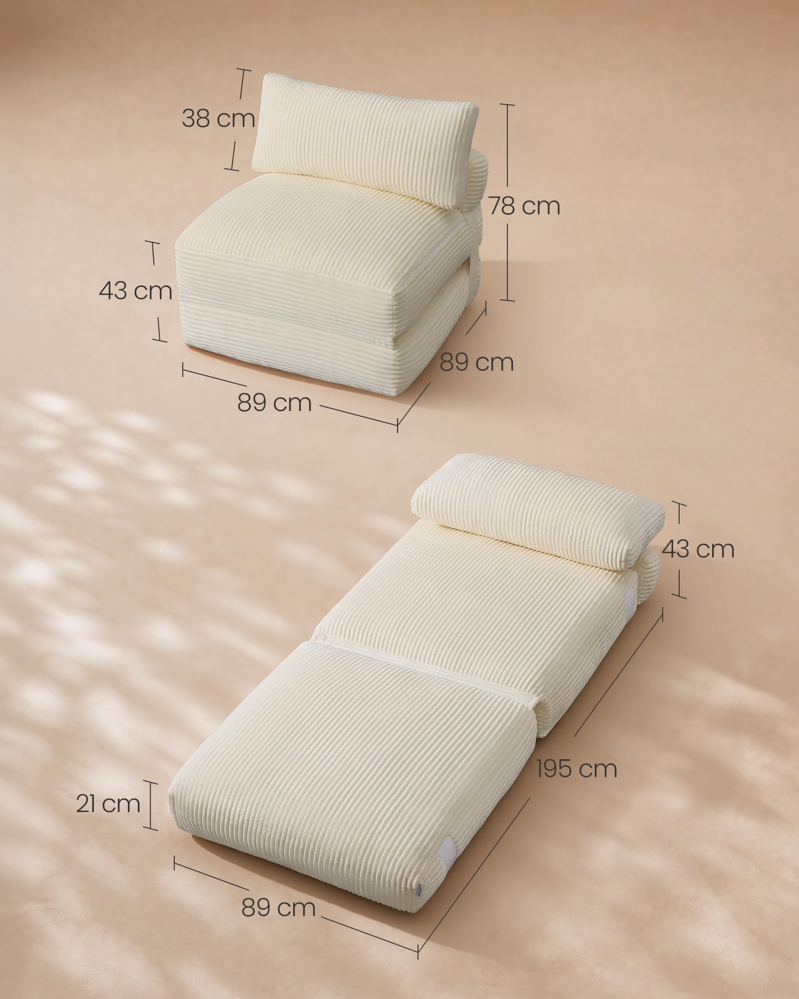 VASAGLE Sofá Cama Plegable, Sillón de Pana con Espuma de Alta Densidad, 89 x 89 x 78 cm / 89 x 195 x 43 cm, Blanco Cálido Claro, para Espacios Pequeños y Salón, Colección Camila LCS211W101