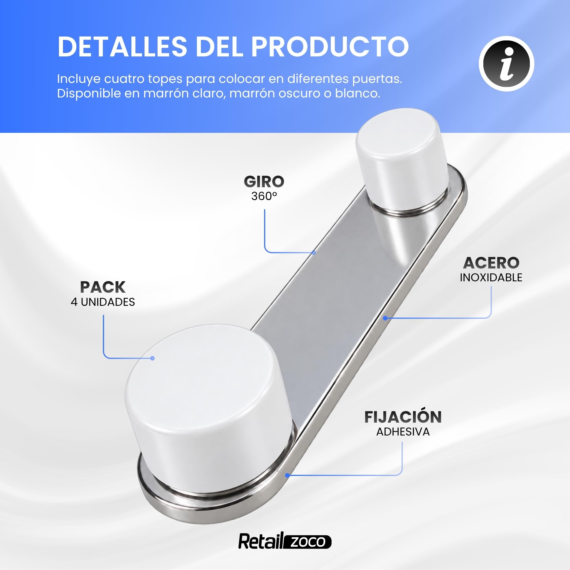 Topes para Puertas Autoadhesivos Giratorios 360°, Blancos, 4 Unidades - imagen 2