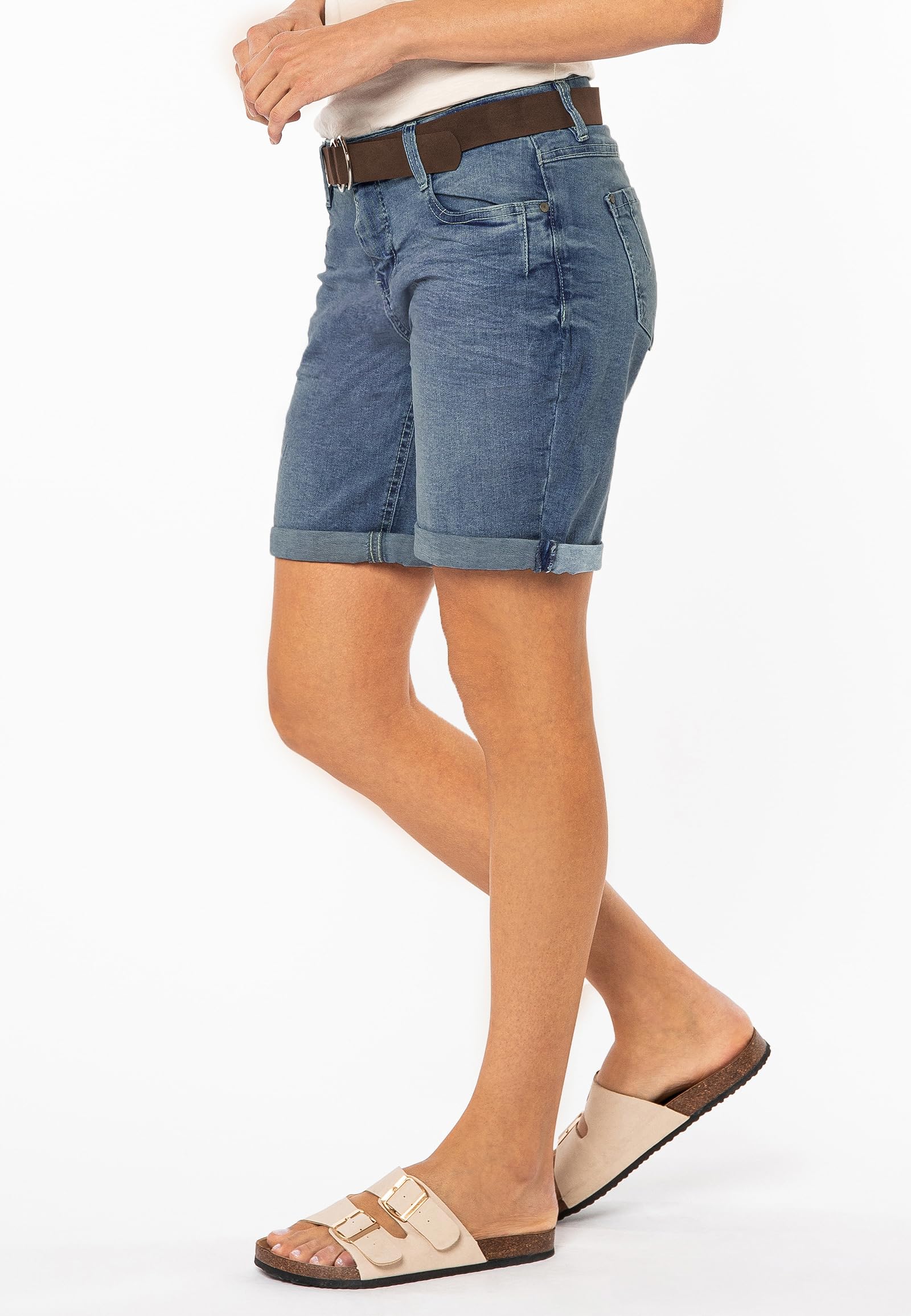 Sublevel Damen Jeans Bermuda-Shorts mit Veloursleder Gürtel